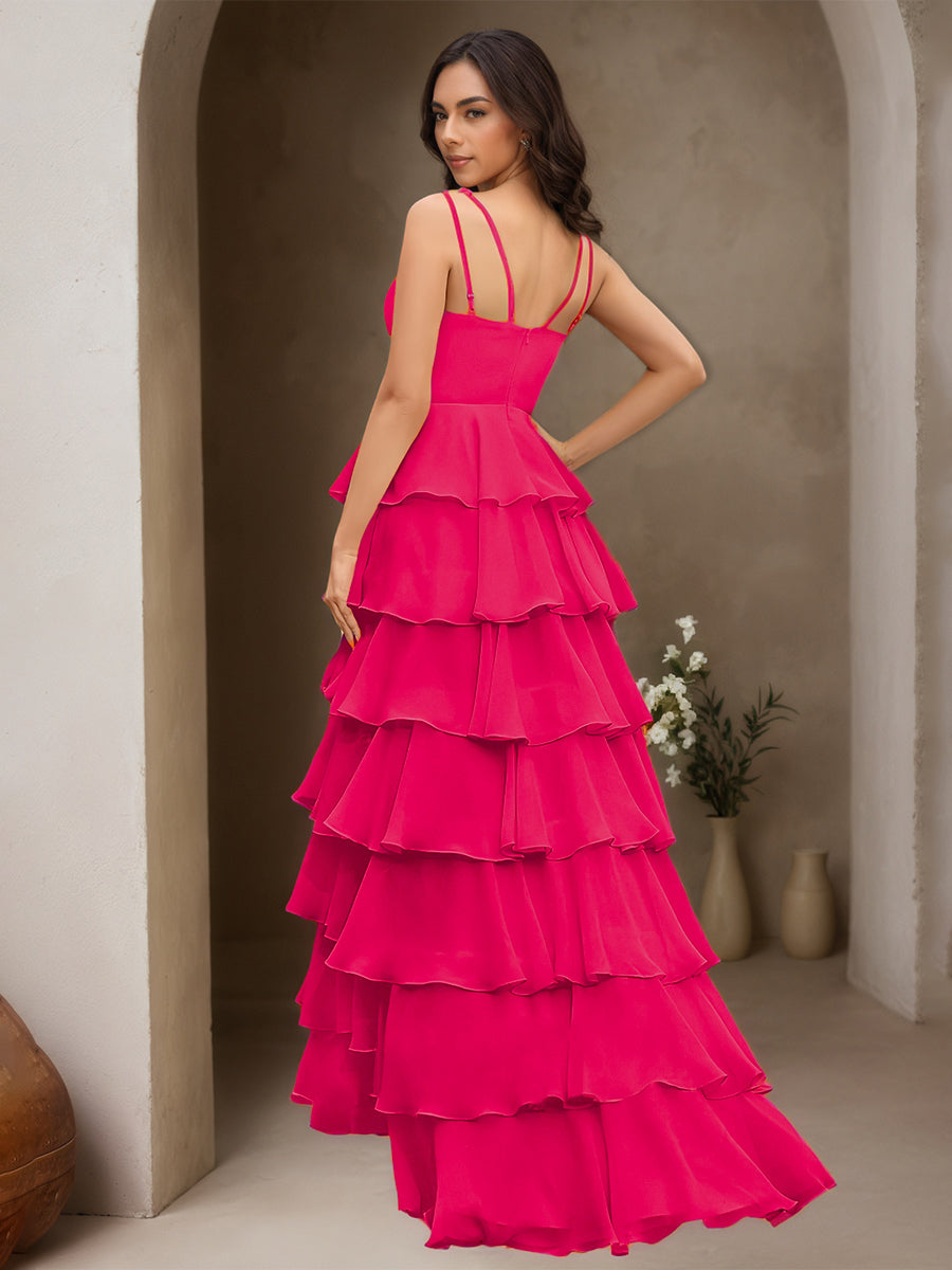 Cicinia Fuchsia Prom Dresses Chiffon Spaghetti Straps Layers Slit Floor Length A-Line