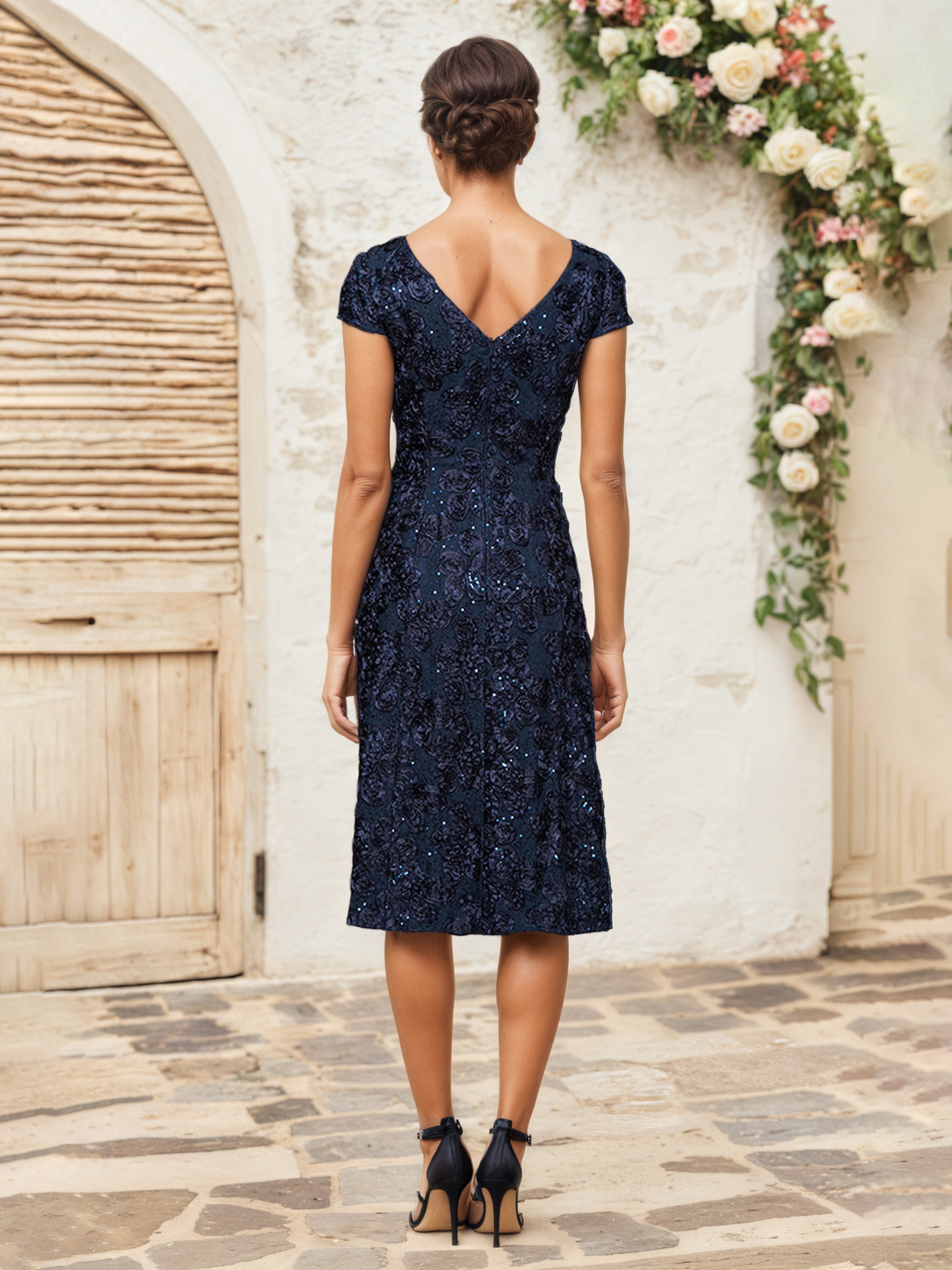 Dark Navy Sequin Lace Tea-Length Cocktail Mother Of The Bride Dress With Cap Sleeves