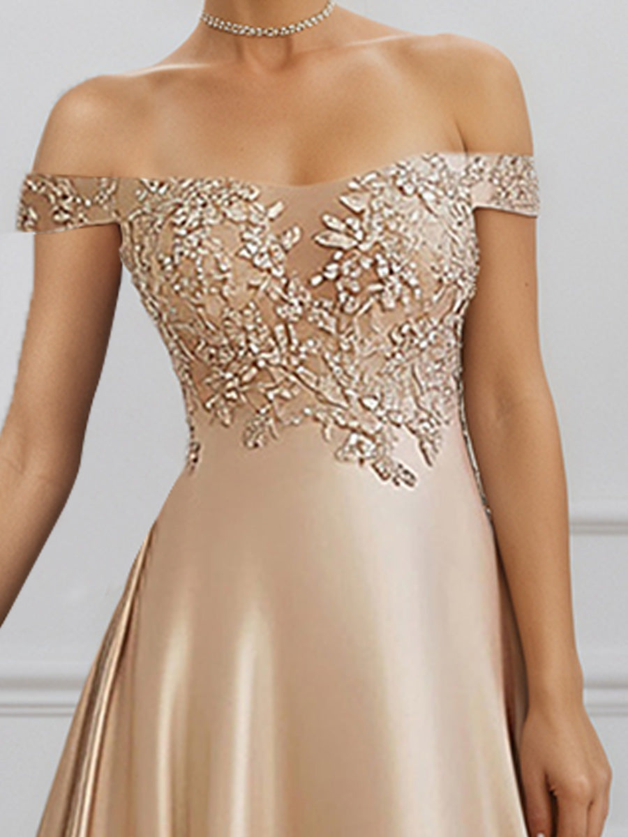 Cicinia Champagne Mother Of The Bride Dresses Satin A-Line Off The Shoulder Long Evening Dresses
