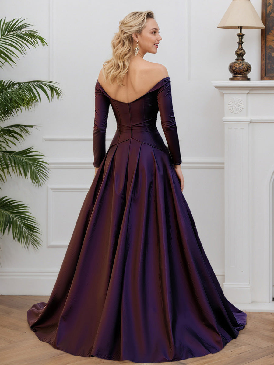 Cicinia Grape Mother Of The Bride Dresses Taffeta A-Line Off The Shoulder Sweep Train Evening Dresses