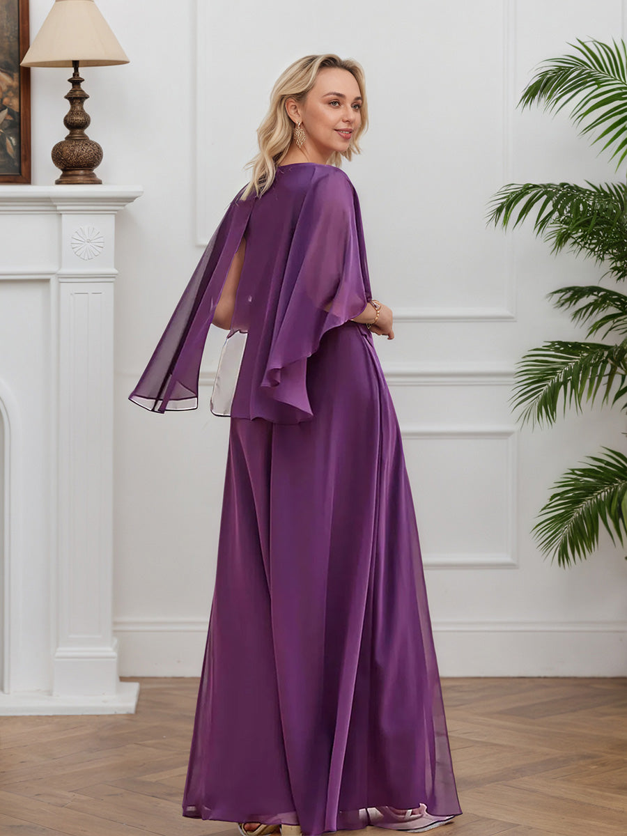 Cicinia Purple Mother Of The Bride Dresses Chiffon Half Sleeves Beading Long A-Line