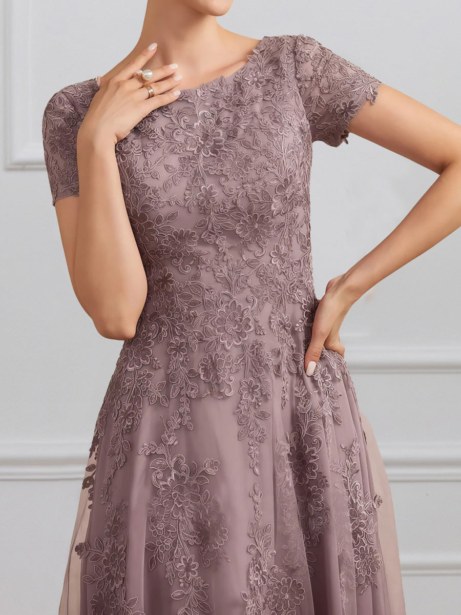Cicinia Dusk Mother Of The Bride Dresses Chiffon Lace Jewel A-Line Tea Length Short Sleeves