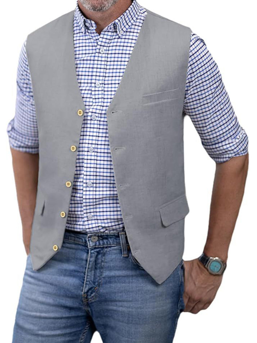Casual Single Breasted Men's Vest Slim Fit Silver Solid Color Suit Vest