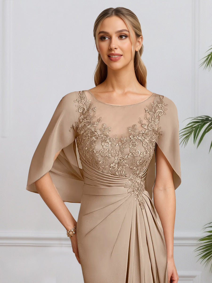 Cicinia Taupe Mother Of The Bride Dresses Chiffon Lace Sheath Slit Floor Length