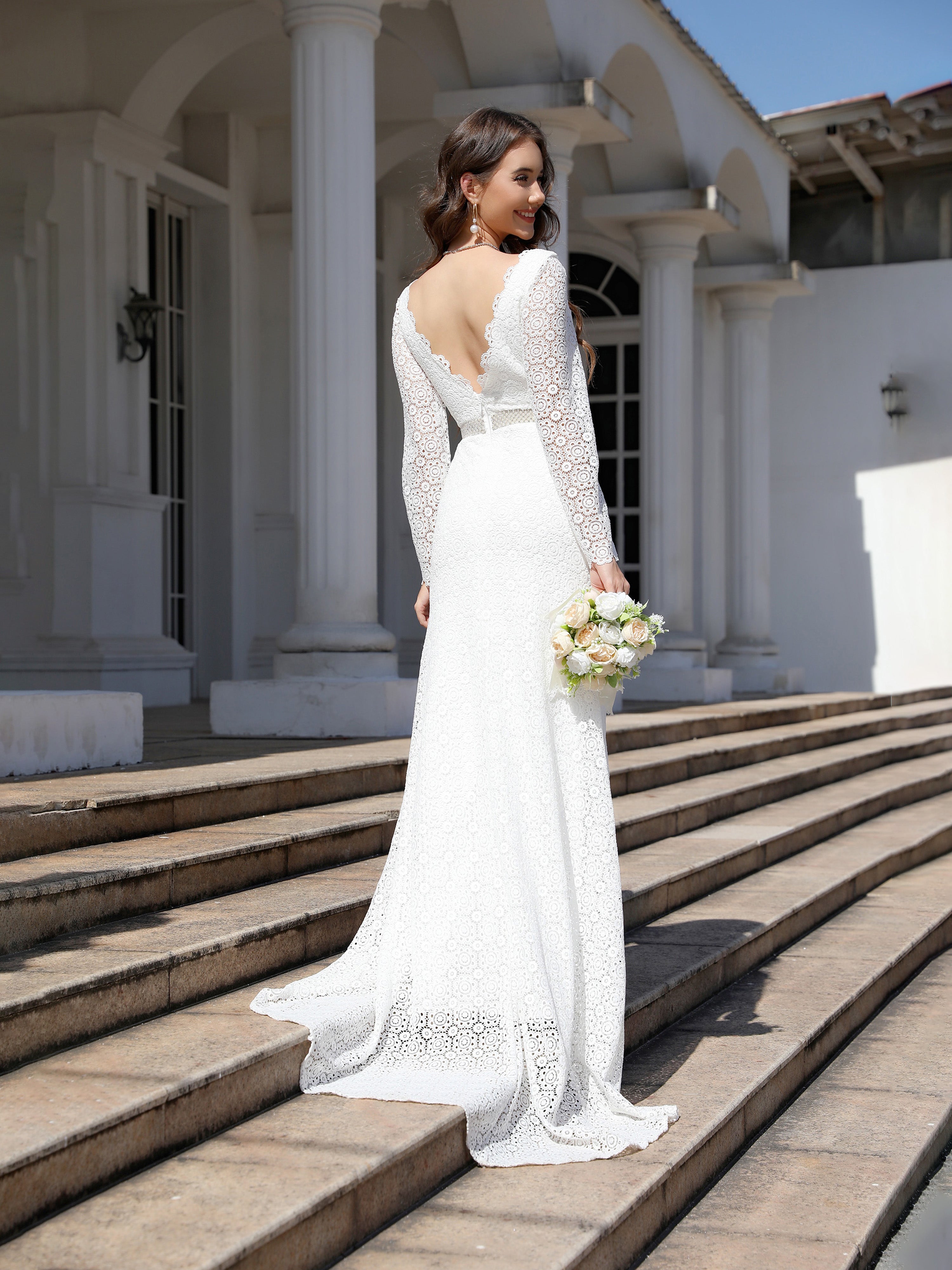 Sweep/Brush Train Long Sleeves Lace Sheath/Column Wedding Dress With Beading