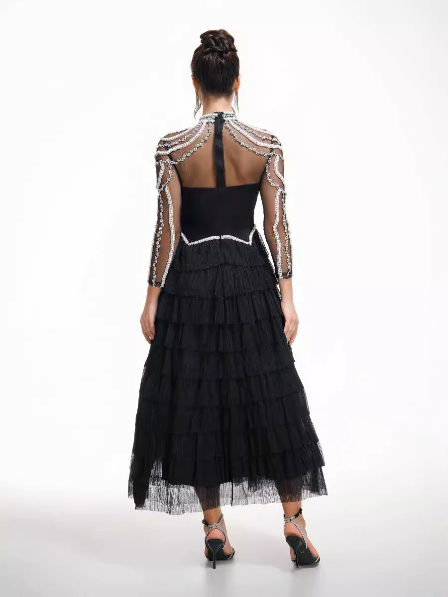 Luxurious A Line Black Evening Dress Beaded Long Sleeves Prom Dress
