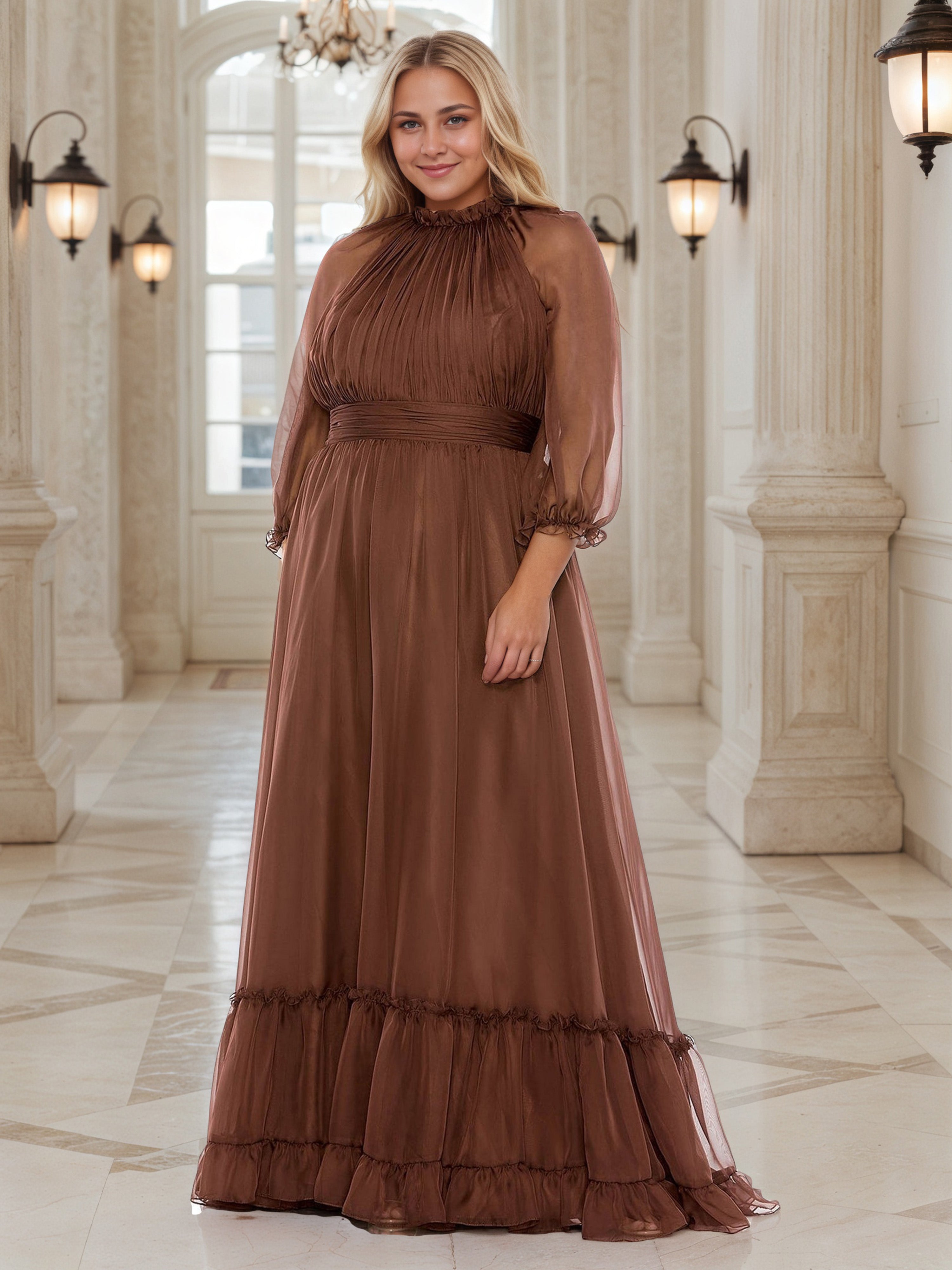 Illusion Long Sleeves Ruffle Jewel Brown Prom Dress Pleats A-Line Plus Illusion Long Sleeves Ruffle Jewel Brown Prom Dress Pleats A-Line Plus