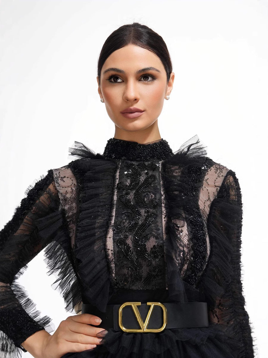 Elegant High Neck Sleeves Layers Prom Dress With Belt
