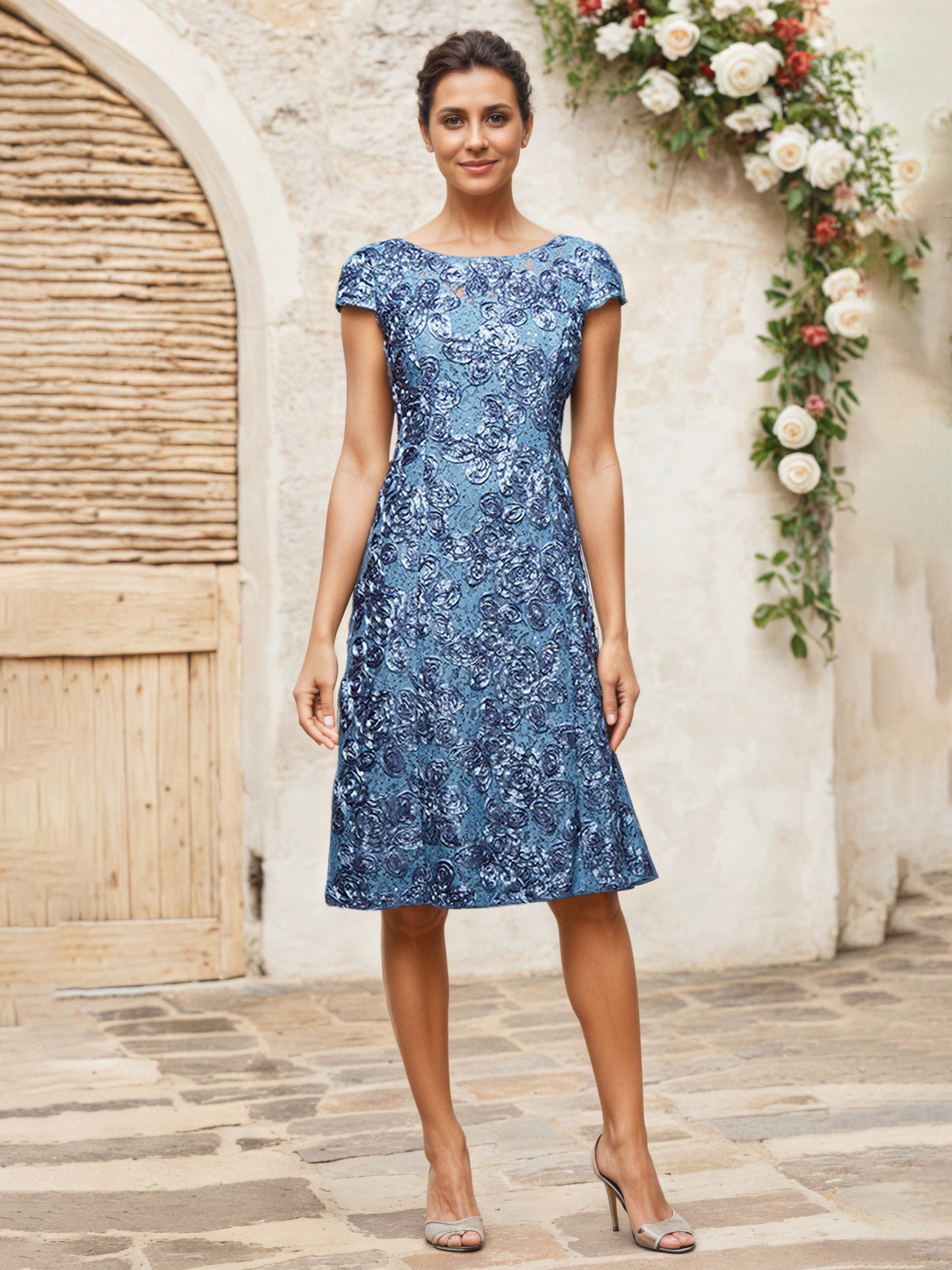 Periwinkle Sequin Lace Tea-Length Cocktail Mother Of The Bride Dress W Periwinkle Sequin Lace Tea-Length Cocktail Mother Of The Bride Dress W