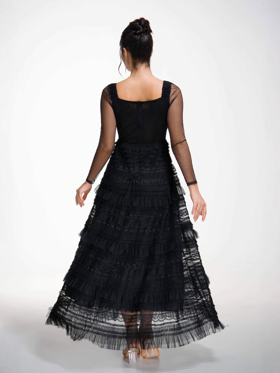 Elegant Square Neck A Line Sleeves Black See Through Long Prom Dress
