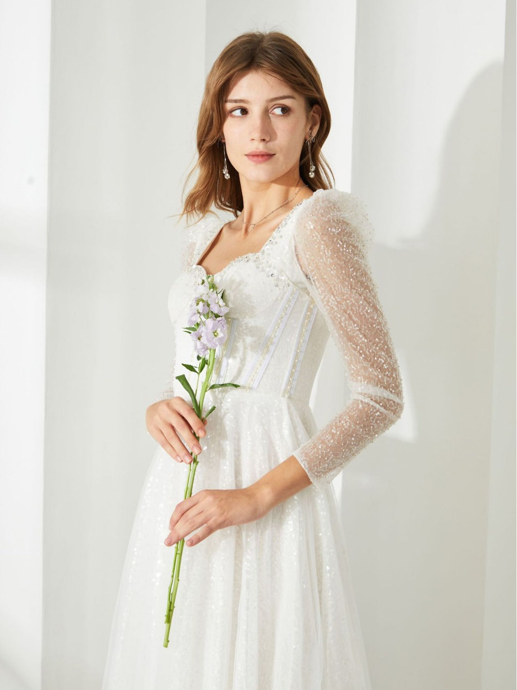 Sparkly White Sweetheart Long Sleeves Sequined Tea Length Prom Dress