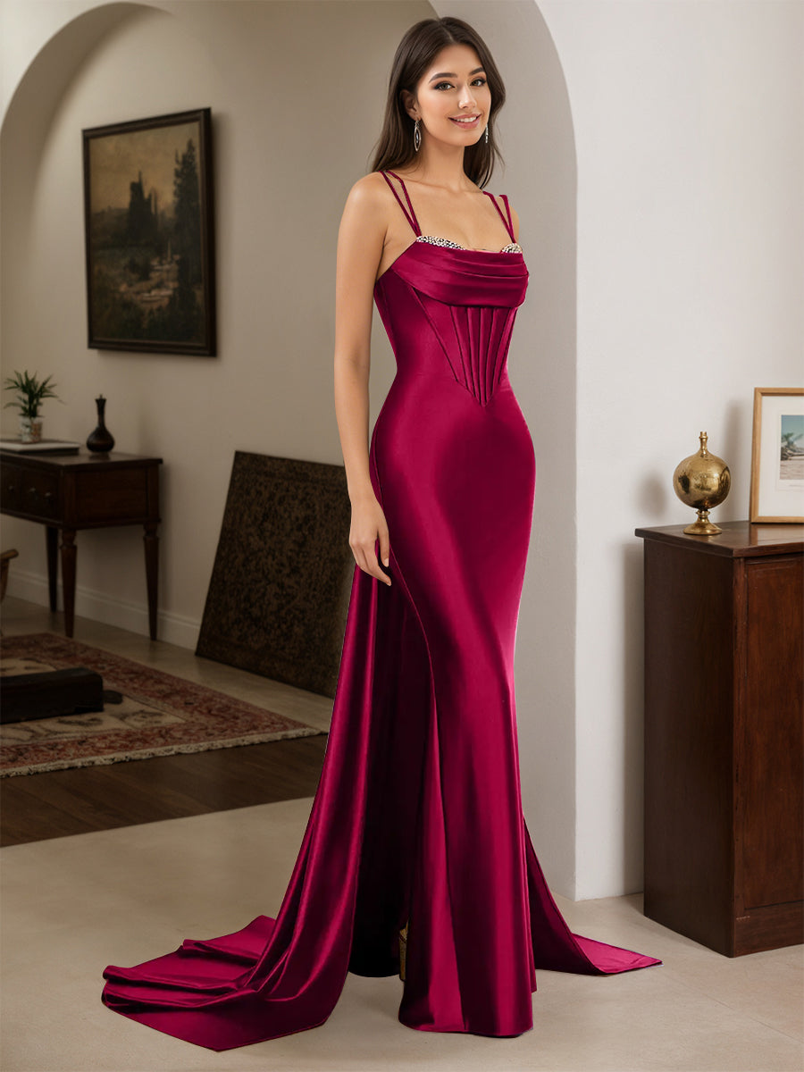 Cicinia Burgundy Prom Dresses Sheath Spaghetti Straps Beading Evening Dress with Split
