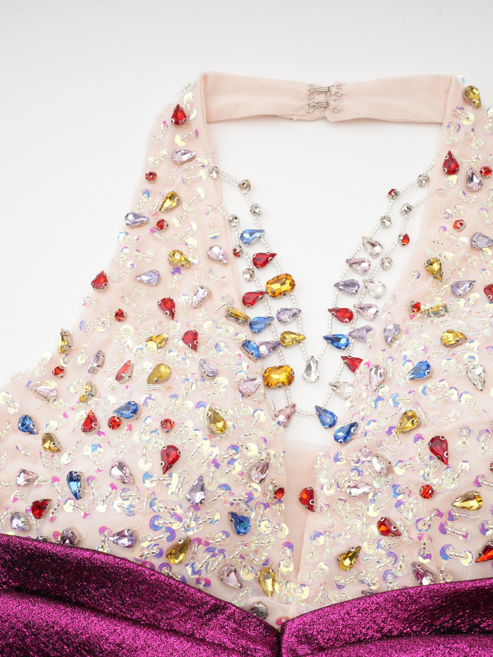 V-Neck Halter Backless Diamonds Fuchsia Beading Prom Dress