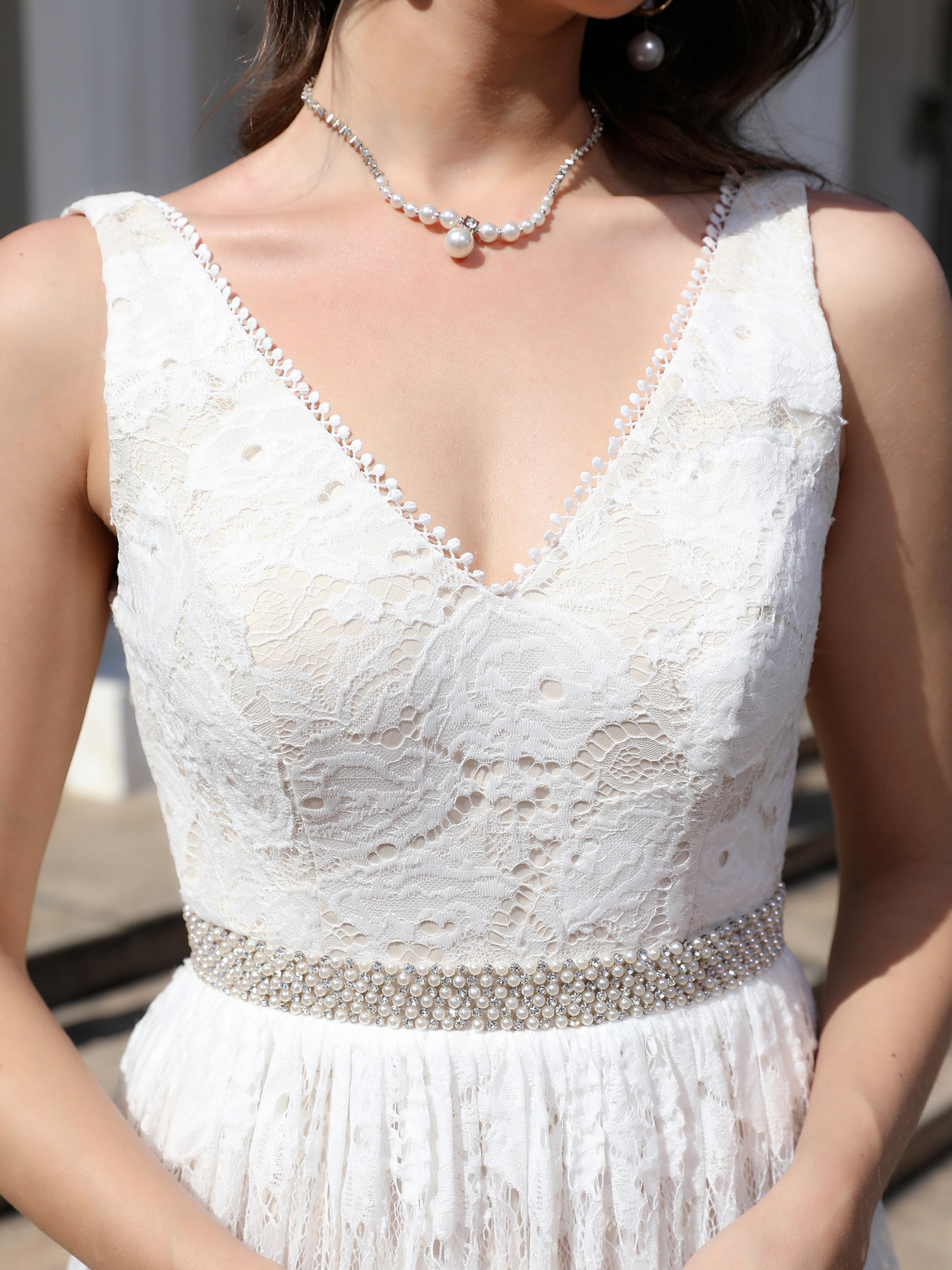 Floor Length A Line Lace Sleeveless V Neck Wedding Dress