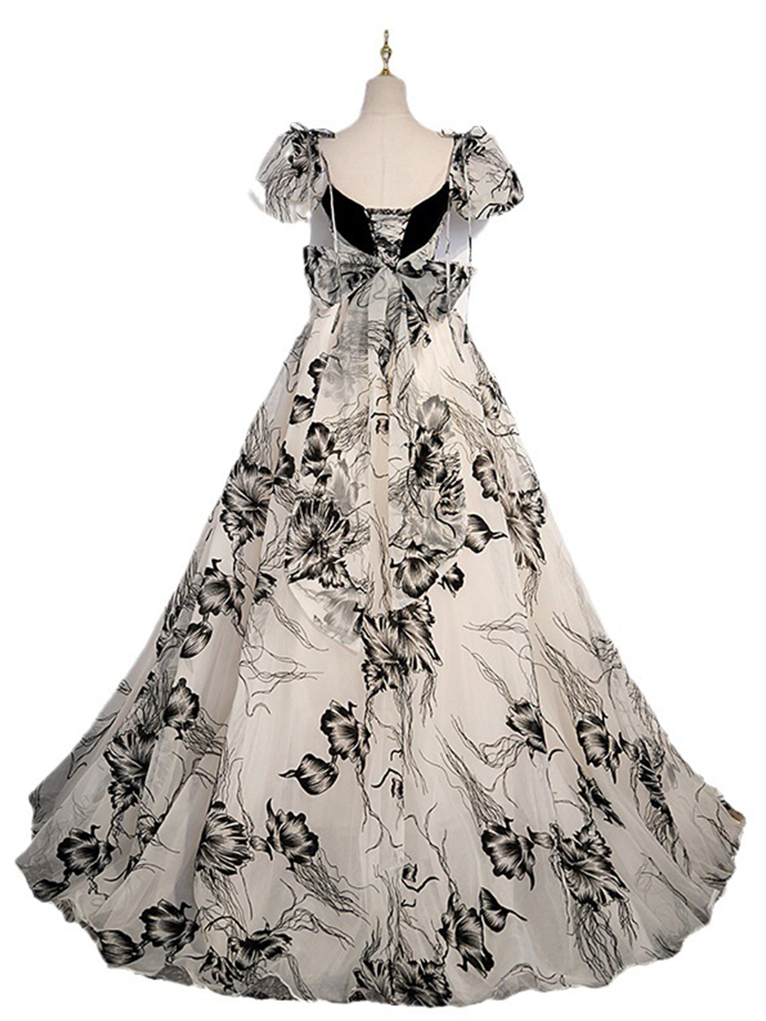 Sweetheart Retro Puffy Sleeves Floral Organza Two-piece Prom Dresses
