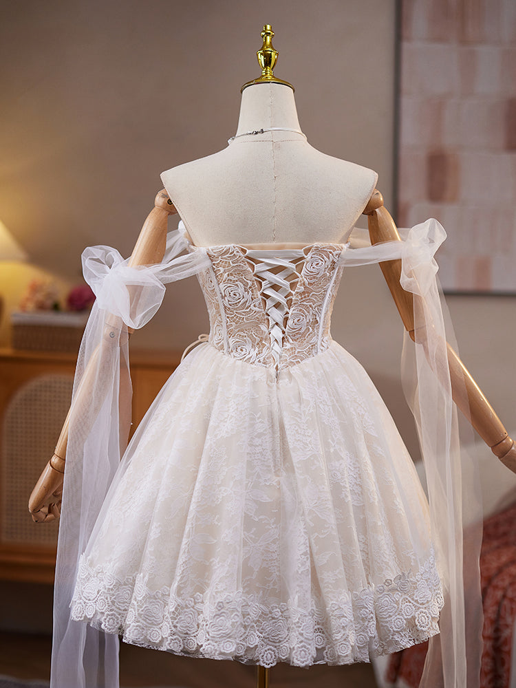 White Lace Princess Rose Sweetheart Strapless 3D Flower Bodice Homecoming Dress
