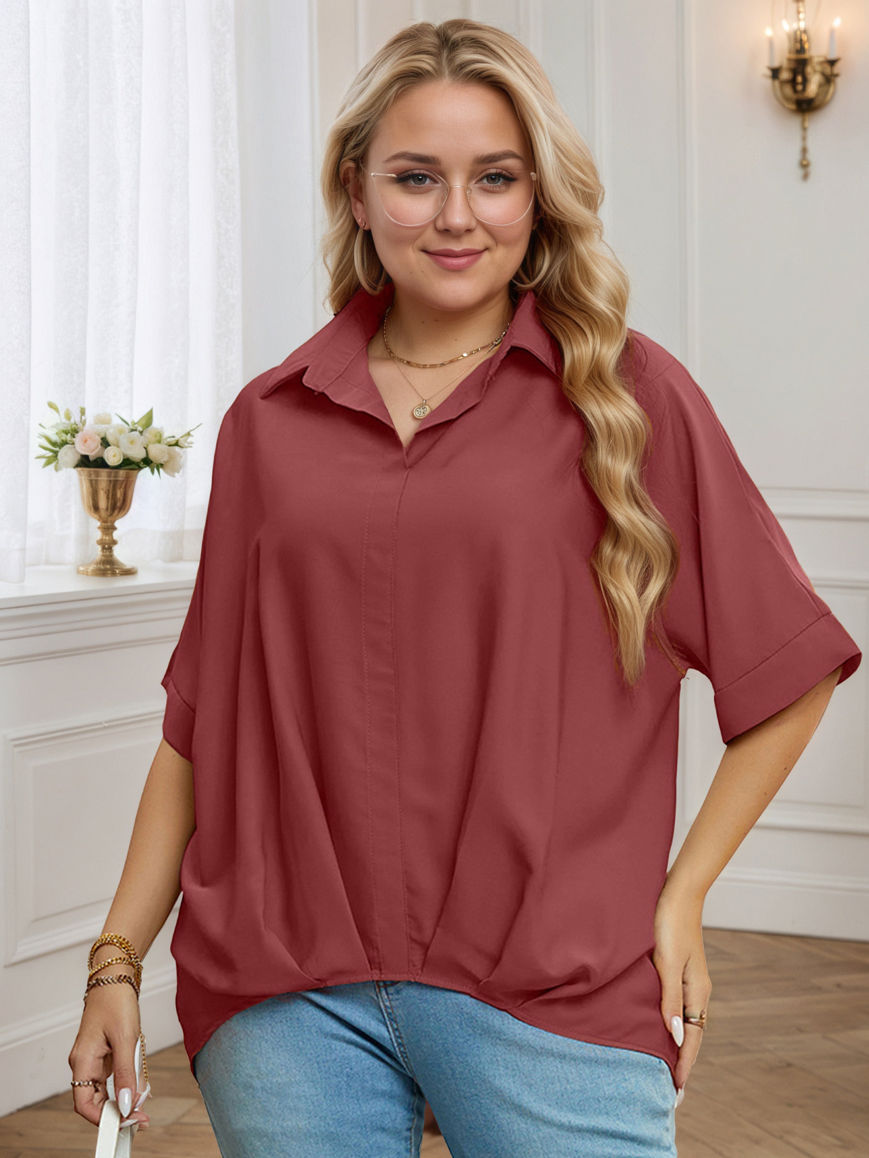 V-Neck Half Sleeves Mulberry Stand Collar Plus Blouse