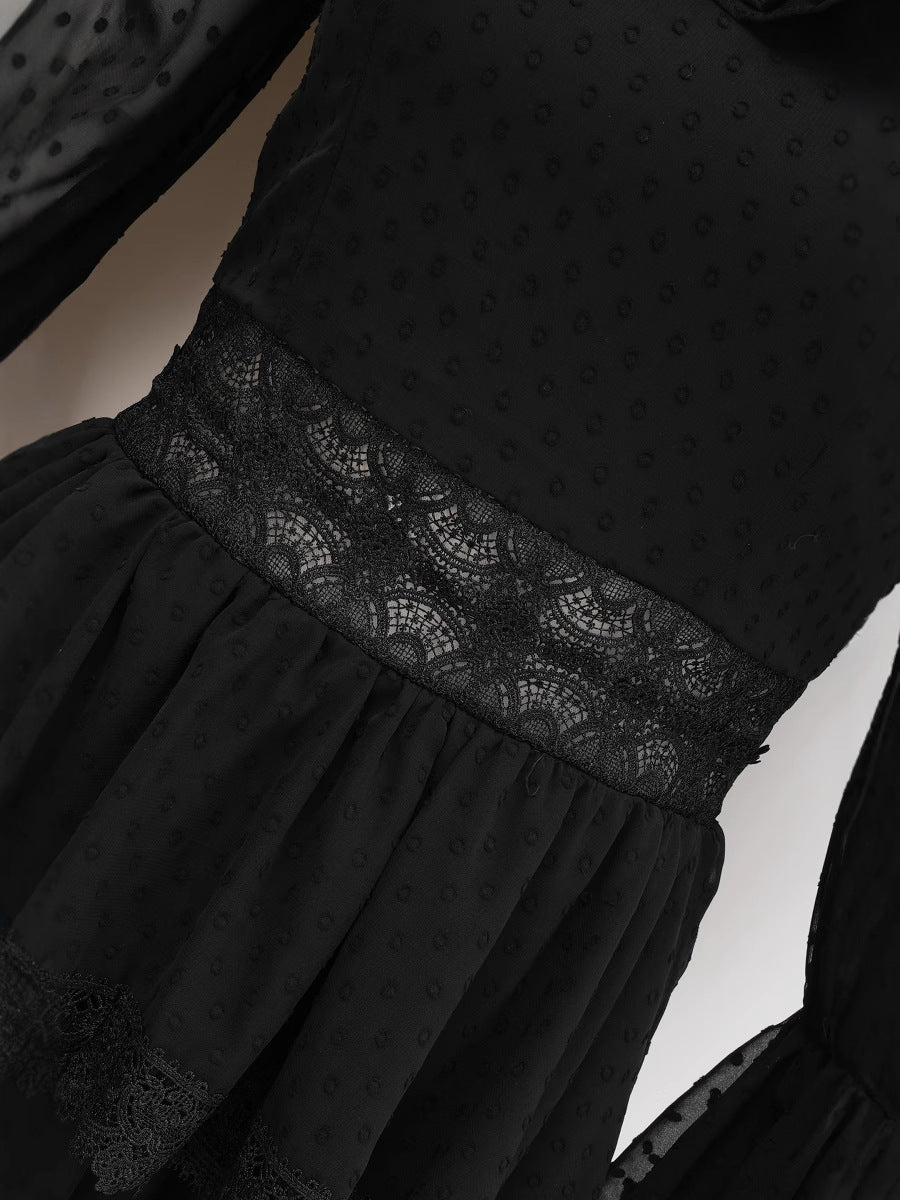Black Strapless Flared Sleeves Gothic Polka Dot Printed Long Prom Dresses