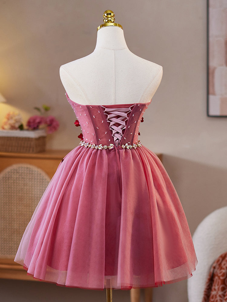 Sweetheart Strapless 3D Flower Bodice Mesh Homecoming Dress with Beading
