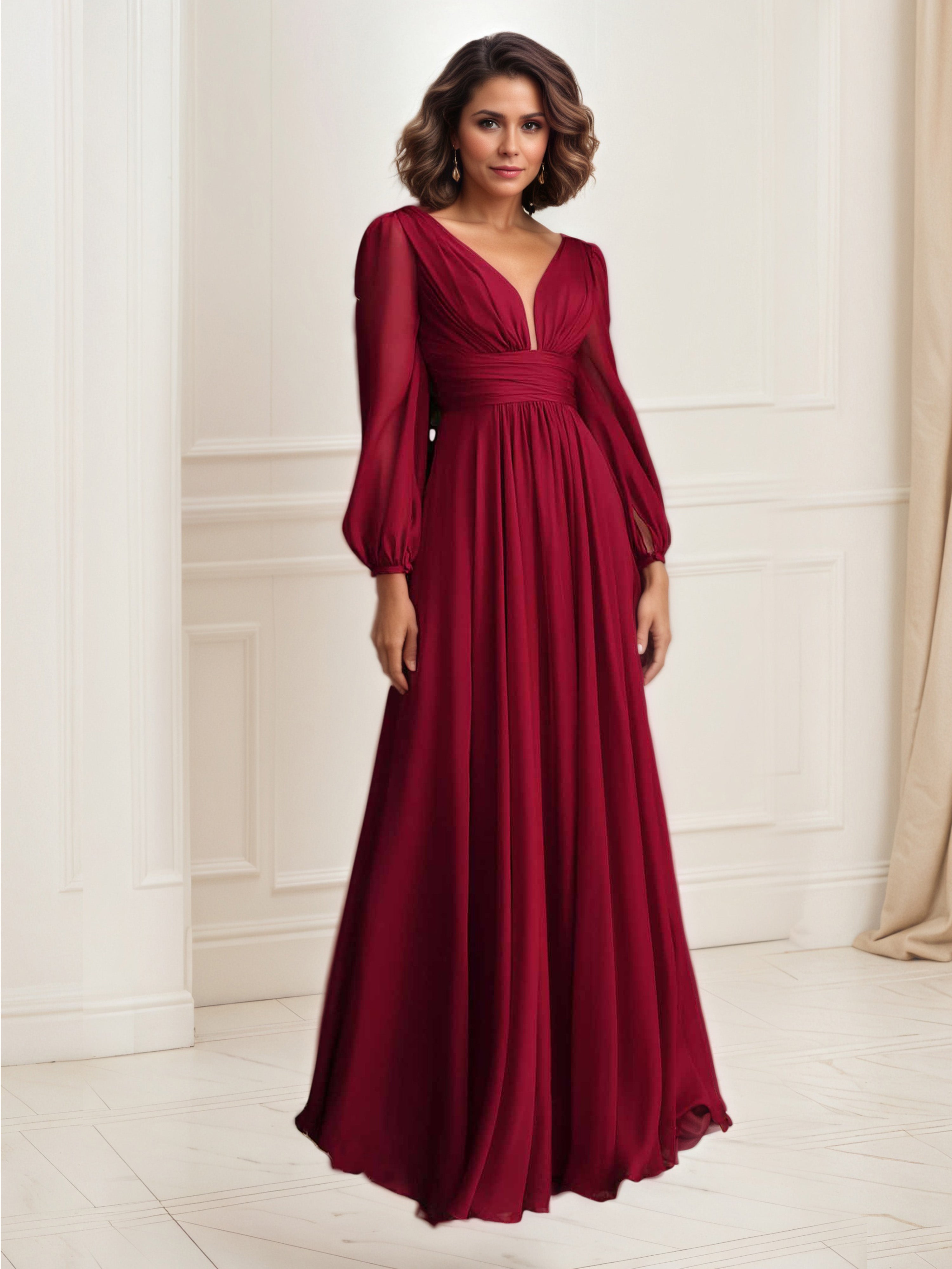 Burgundy Prom Dress Formal Long Sleeve Chiffon Prom Dress Burgundy Prom Dress Formal Long Sleeve Chiffon Prom Dress