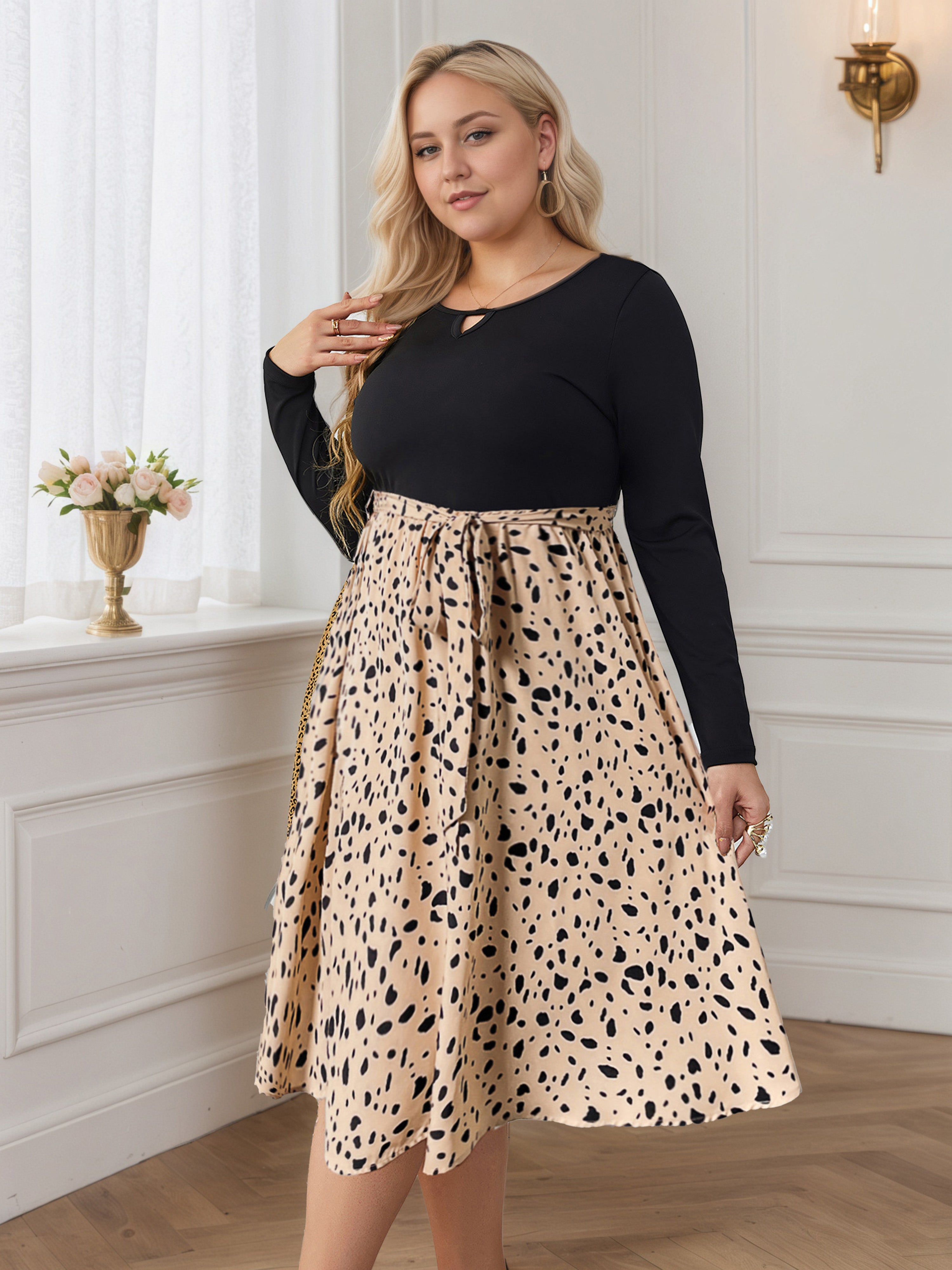 Apricot Contrast Leopard Round Neck Plus Size Dress with Belt