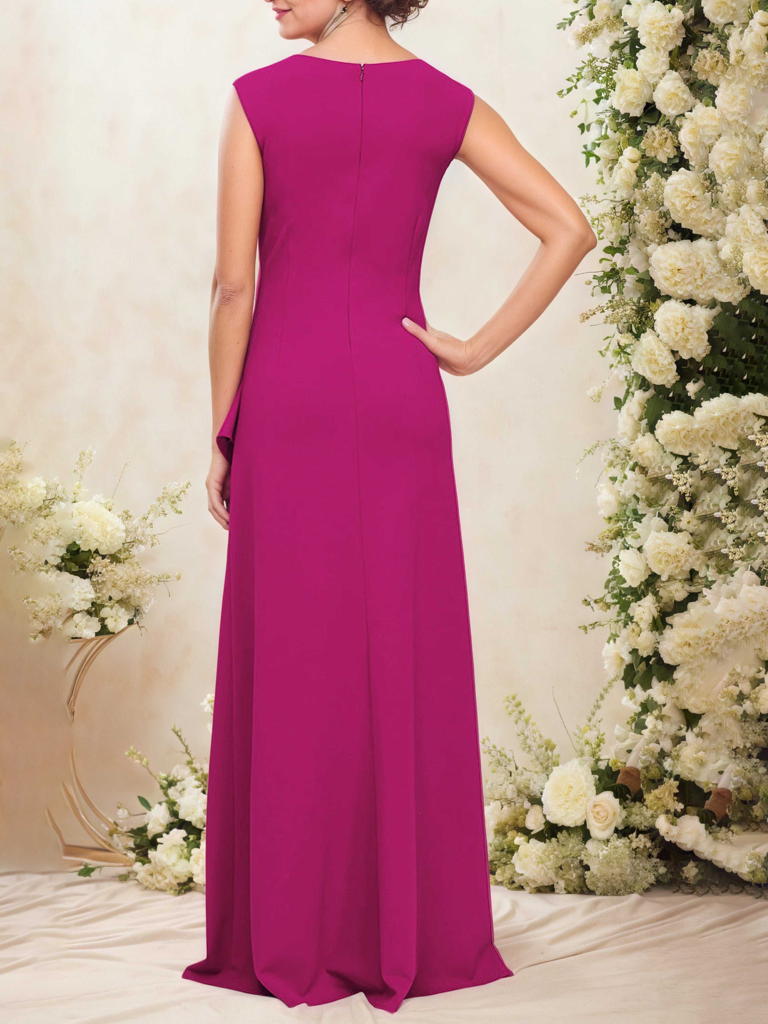 Long Square Neck Fuchsia Mother Of The Bride Dress with Cascade Ruffle