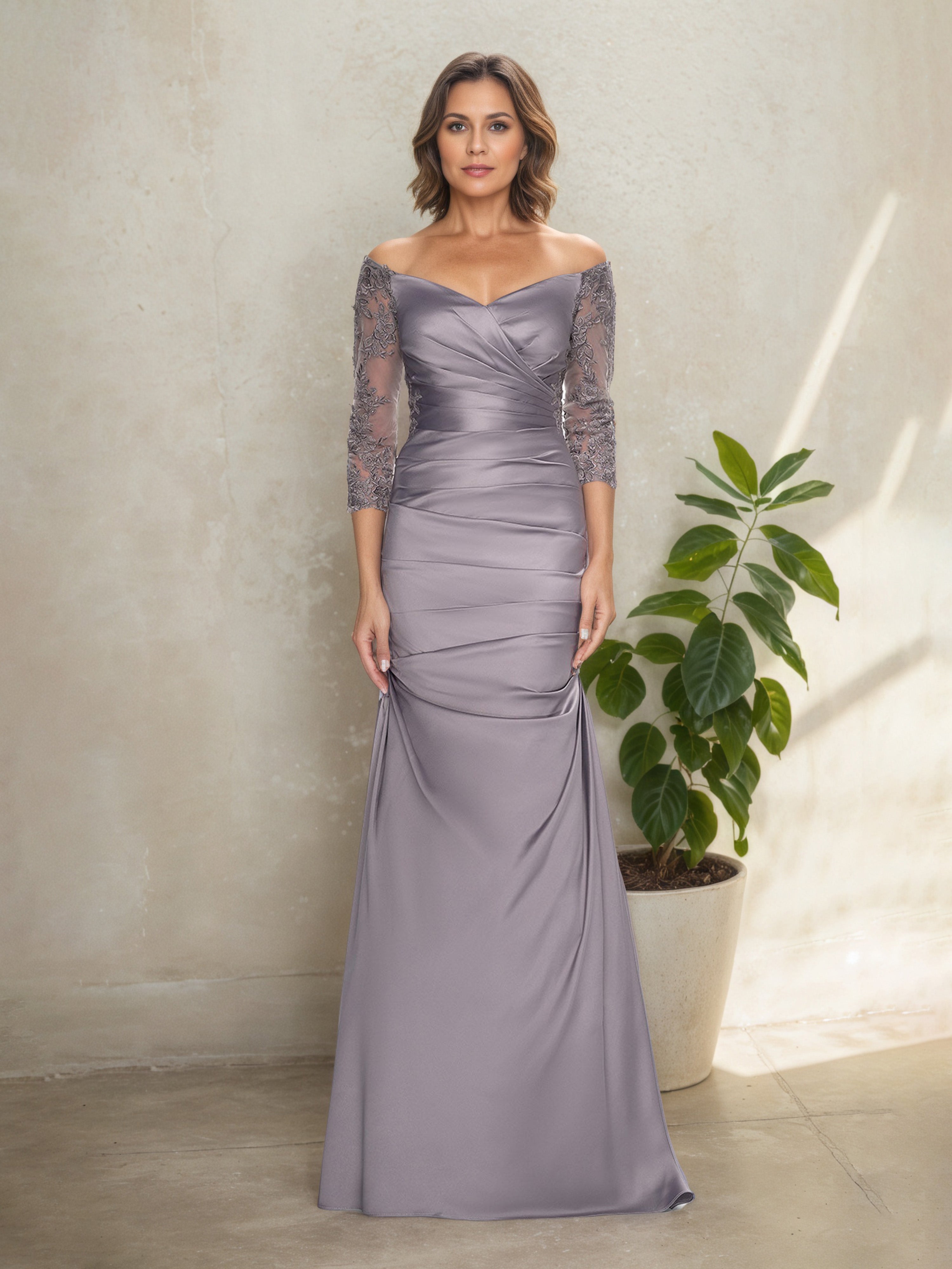 Off The Shoulder Long Sleeves Dusk Ruched Mother Of The Bride Dress