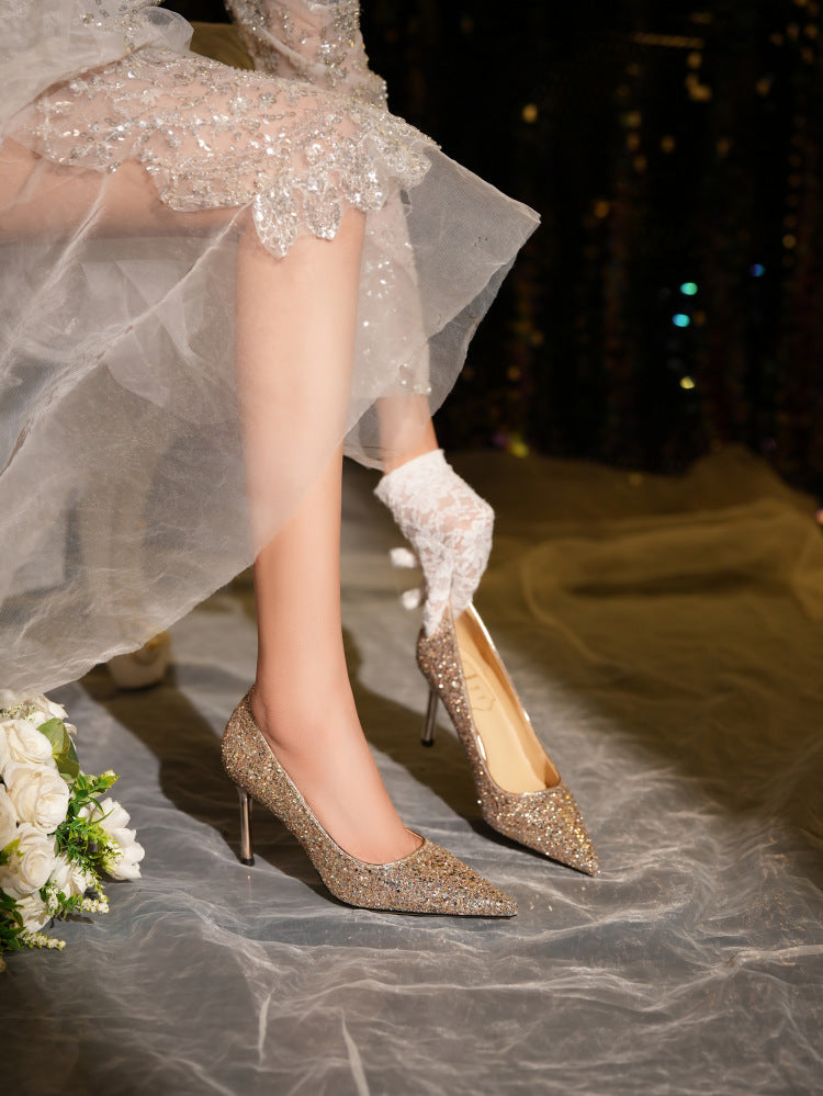 Women's Crystal Point Toe High Heels Wedding Shoes