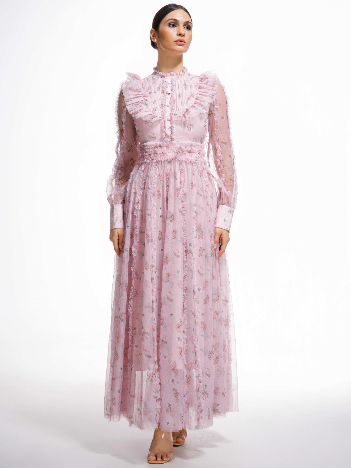 Elegant Pink Ruffled Long Sleeve Floral Maxi Prom Dress