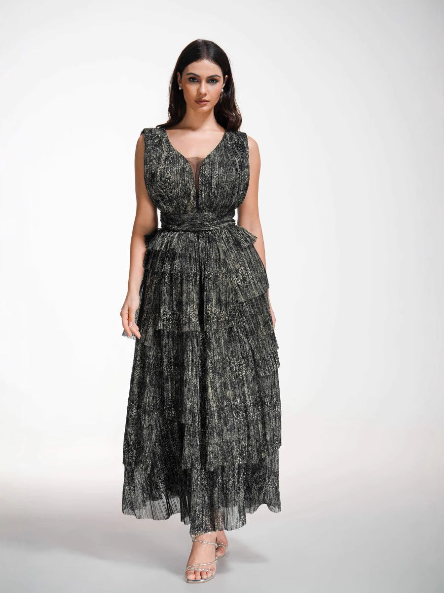 V-Neck Sleeveless Black Layers High Waist Slim Shiny Long Prom Dress