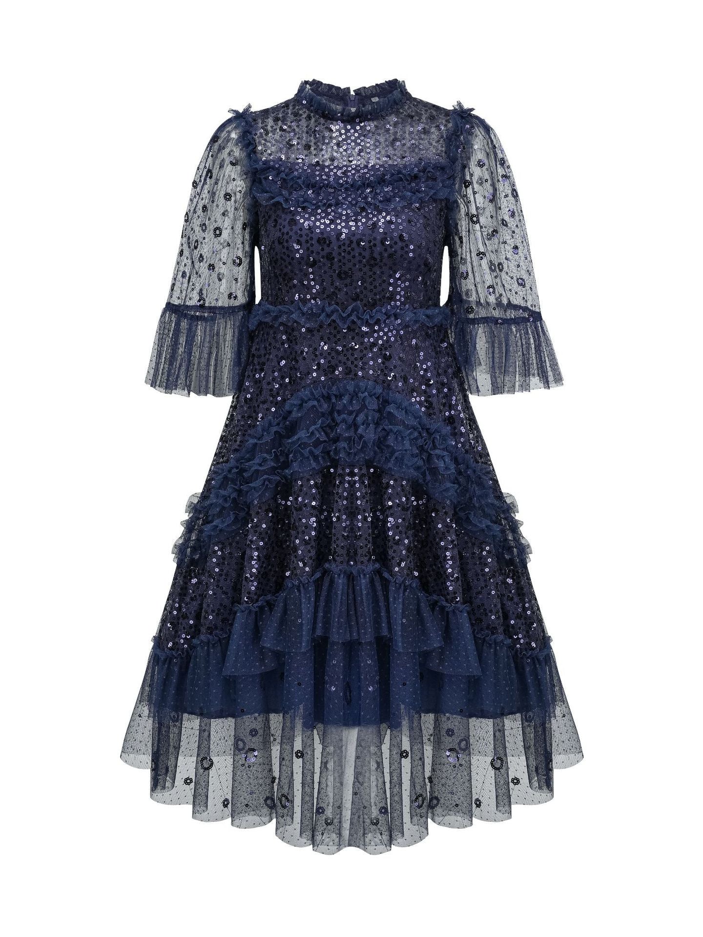 Dark Navy Shiny Glitter A Line Lace Round Neck Sequins Prom Dress
