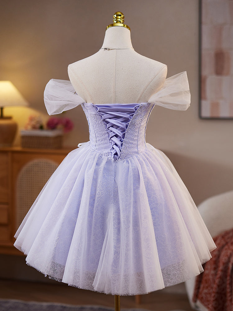 Off The Shoulder Purple Mesh Rose Princess Homecoming Dress