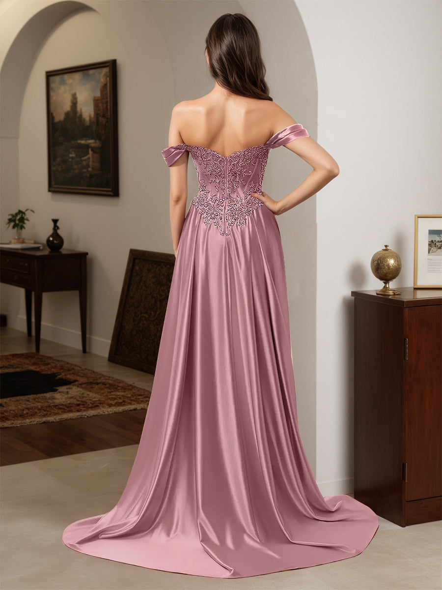 Cicinia Vintage Mauve Prom Dresses Appliques Lace Off The Shoulder Sheath Dress wiith Sweep Train