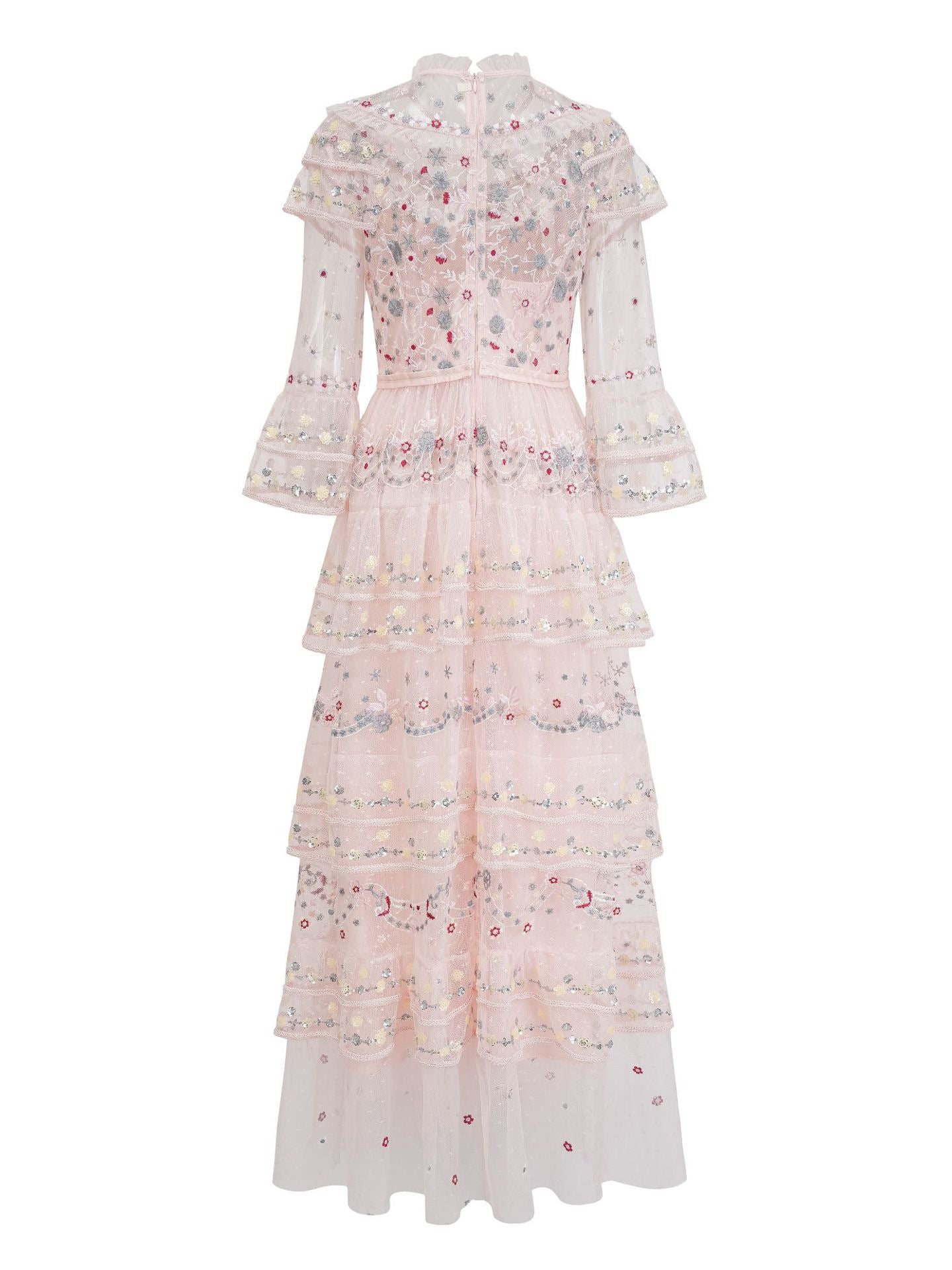 Royal Style High Neck 3/4 Sleeve Sequins Embroidered Tiered Prom Dresses