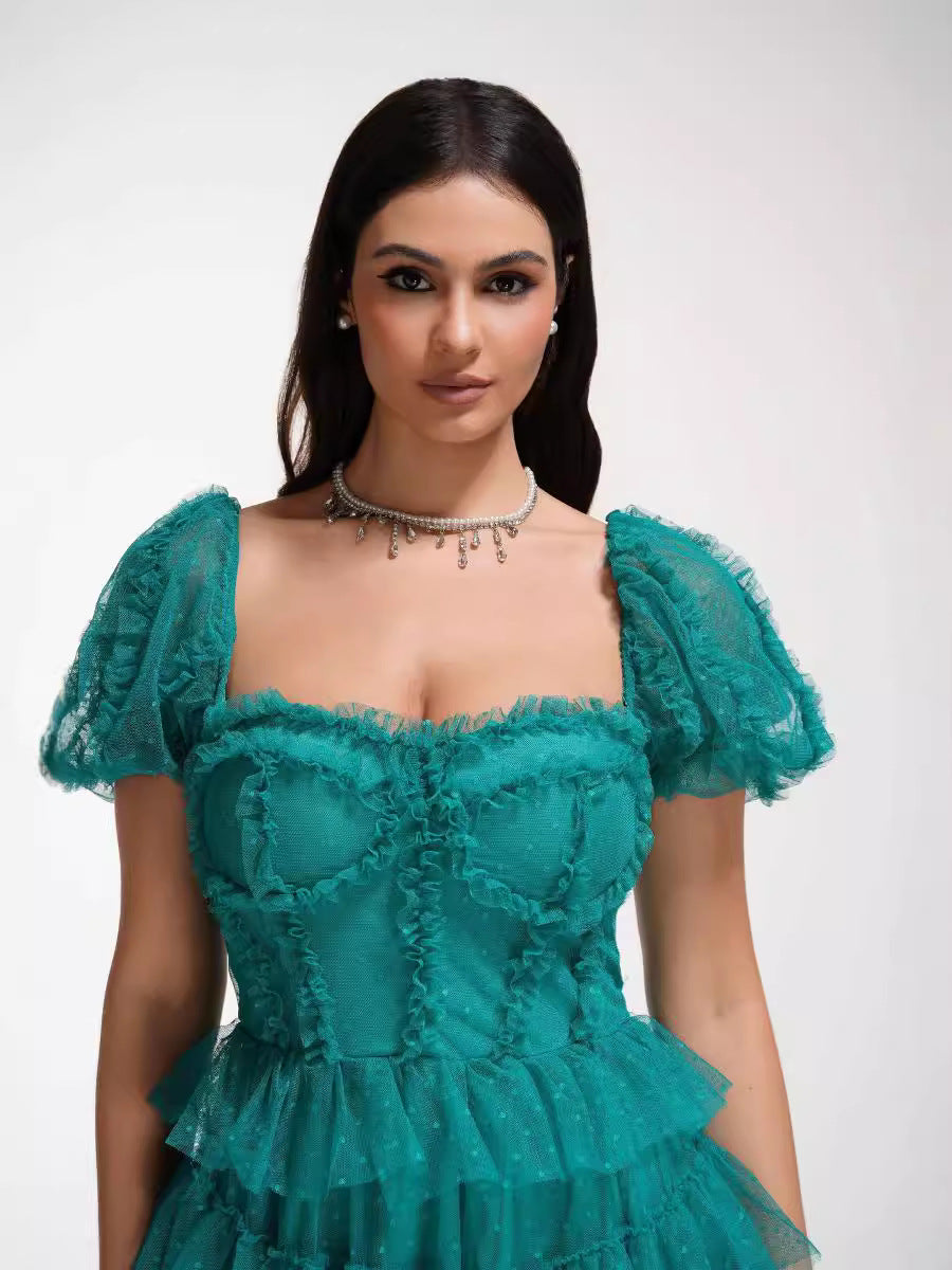Sweet Polka Dot Ball Gown Off The Shoulder Green Long Prom Dress