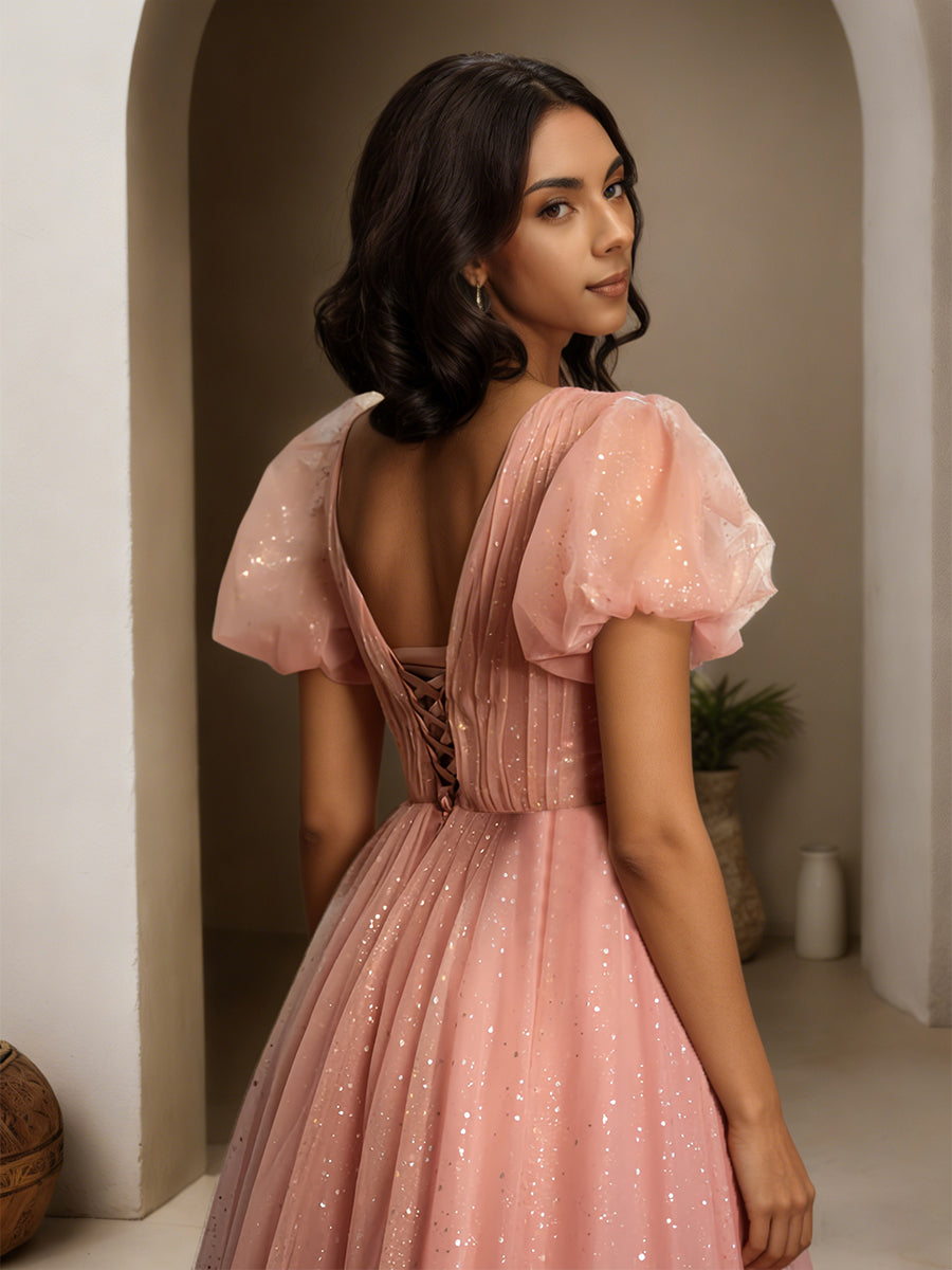 Cicinia Dusty Rose Prom Dresses Glitter Tulle A-Line Puffed Short Sleeves Long Princess Gown