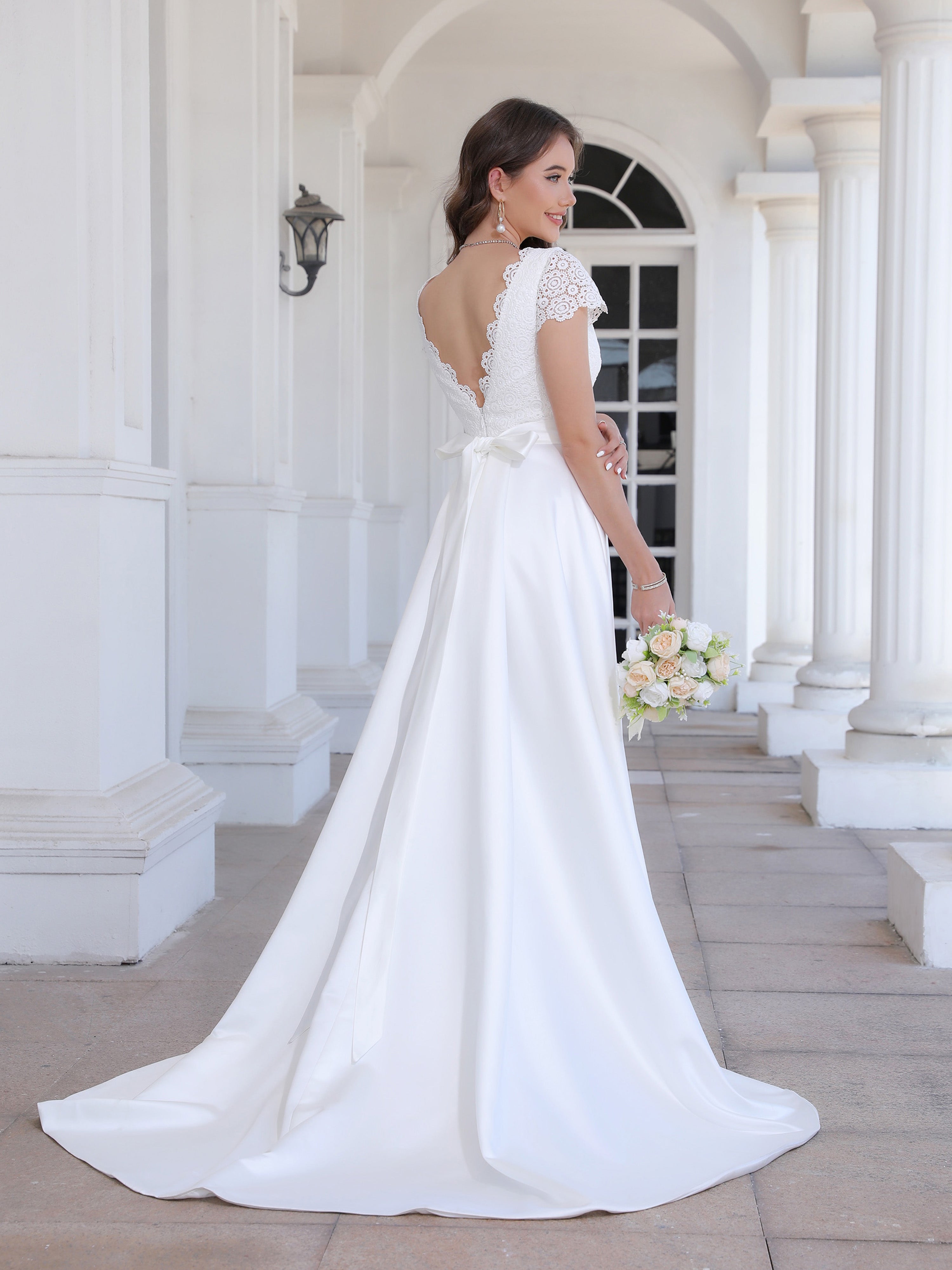 Sweep/Brush Train A Line Short Sleeves Lace Satin Wedding Dress With Beading