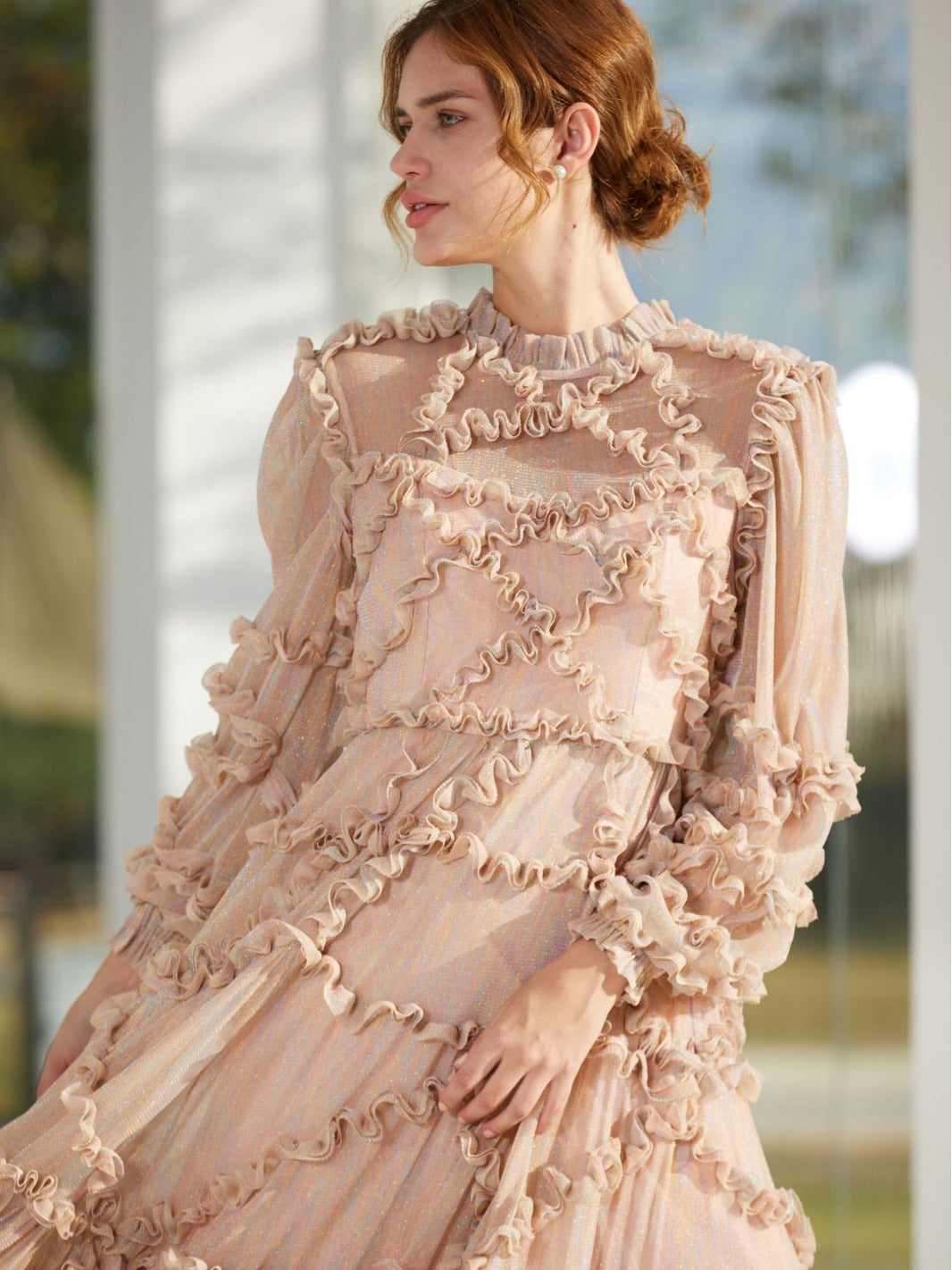 Shiny Amber Ruffle Long Sleeves Maxi Prom Dress