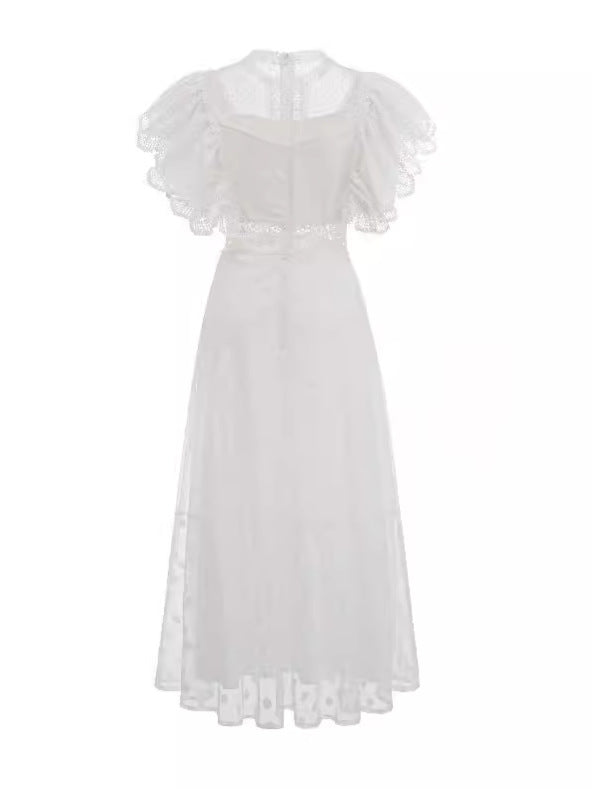 White Round Neck Sleeves Waist Slimming Polka Dot Long Prom Dress