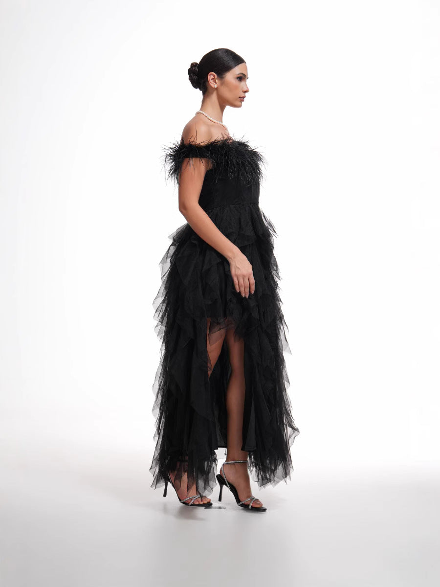 Elegant Strapless Black Ball Gown Backless Long Prom Dress