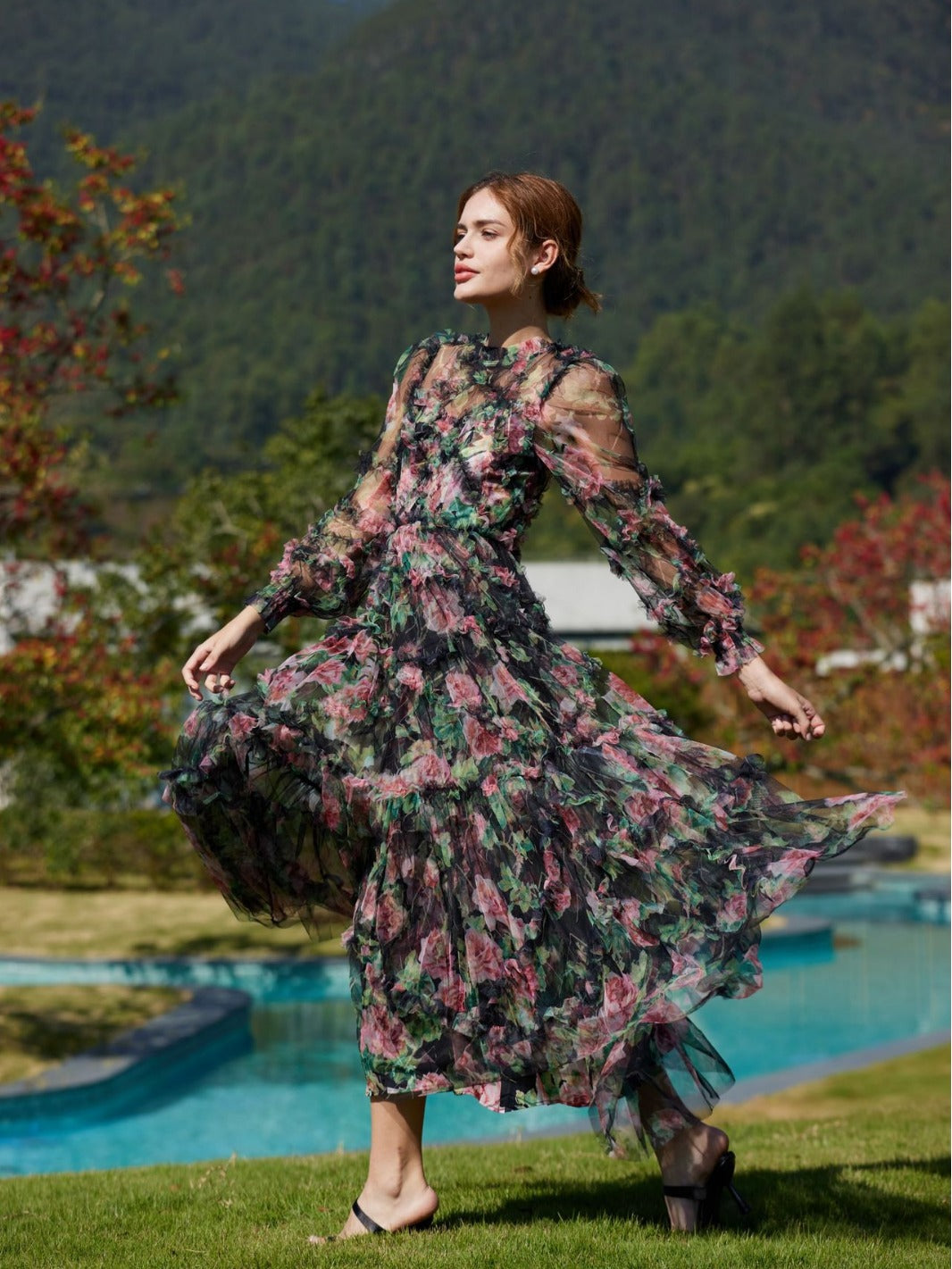Sweet Floral Black Printed Long Puffy Sleeve Ruffle Tulle Prom Dresses