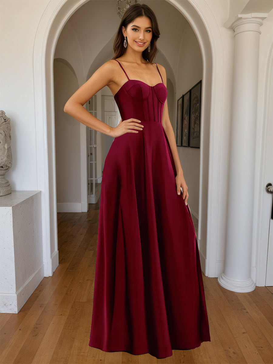 Cicinia Burgundy Prom Dresses Satin Sweetheart A-Line Spaghetti Straps Floor Length with Split