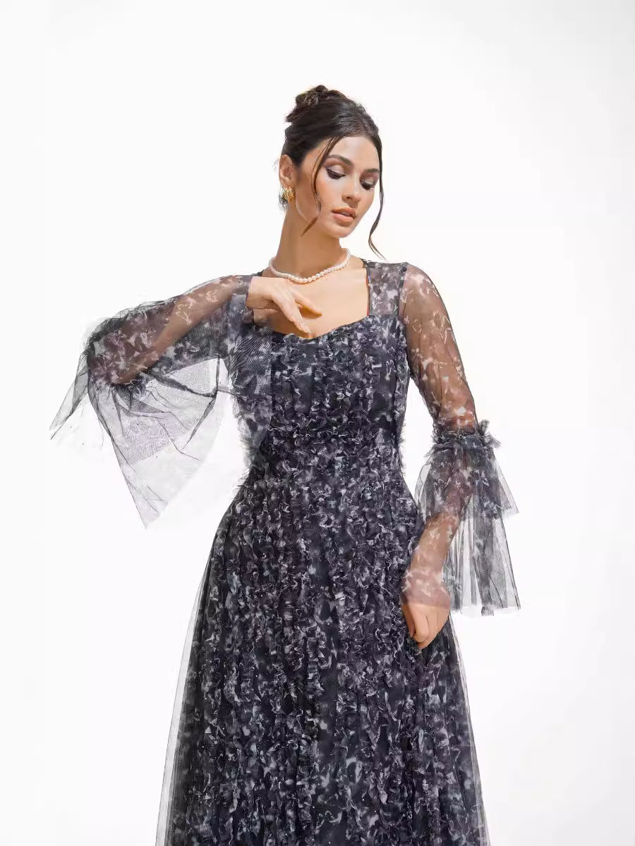 Sparkly Black Illusion Flared Sleeves Floral Long Prom Dresses