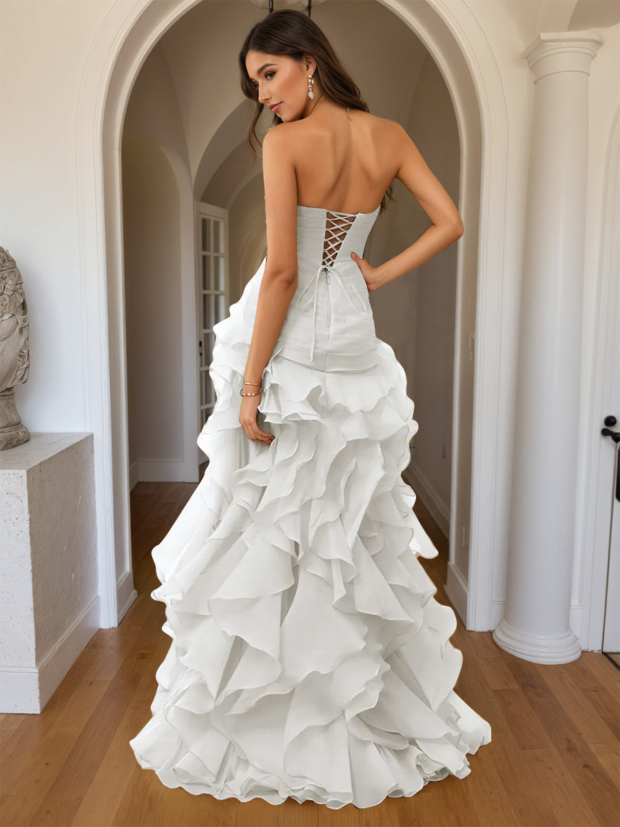 Cicinia White Prom Dresses Sheath Slit Strapless Sleeveless Layers Ruffles Side Gowns