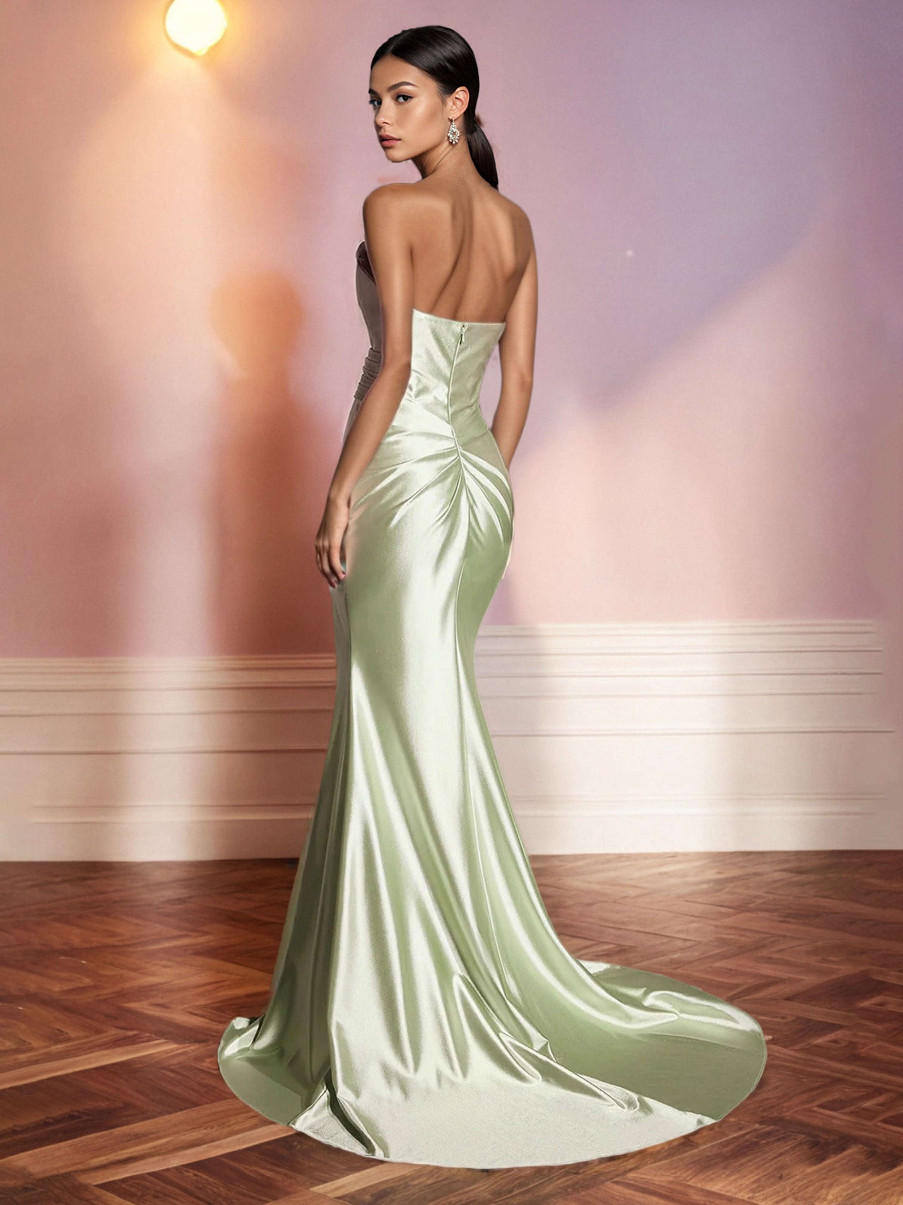 Dusty Sage Prom Dresses Elegant Strapless Trumpet/Mermaid Long Prom Dress With Slit