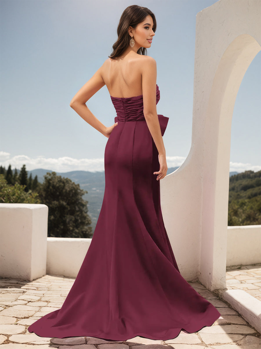 Cicinia Mulberry Prom Dresses Stretch Fabric Bowknot Sheath Slit Strapless Evening Gowns