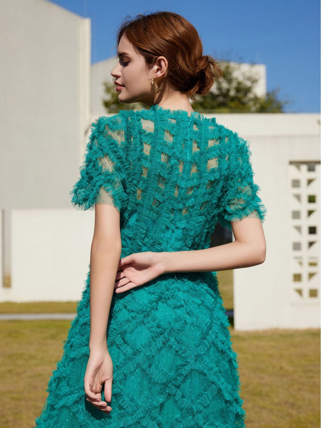 Peacock Round Neck Short Sleeve Polka Dot Tulle Maxi Prom Dress