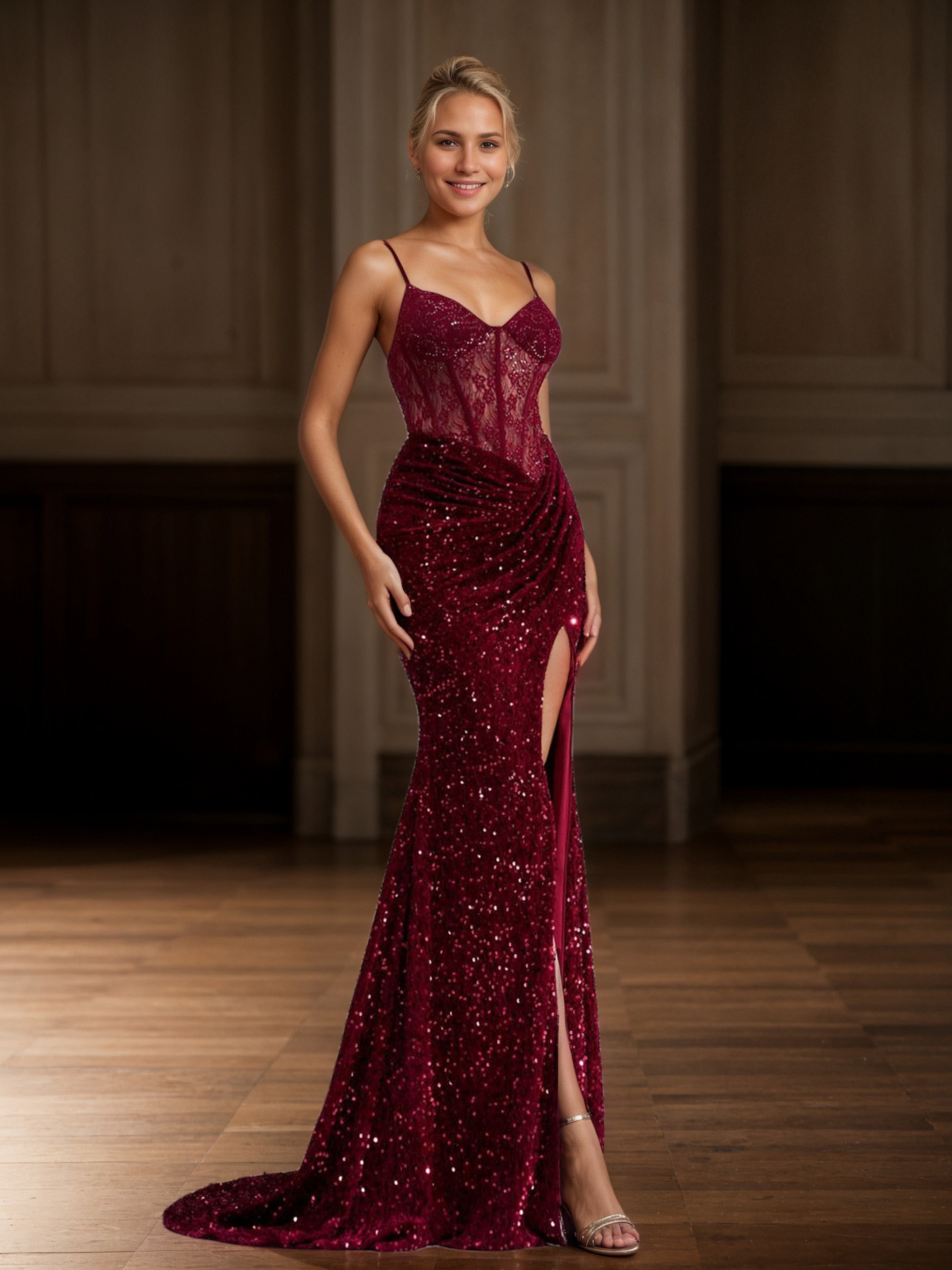 Burgundy Prom Dress Spaghetti Straps Sequins Illusion Bodice Prom Dress with High Split