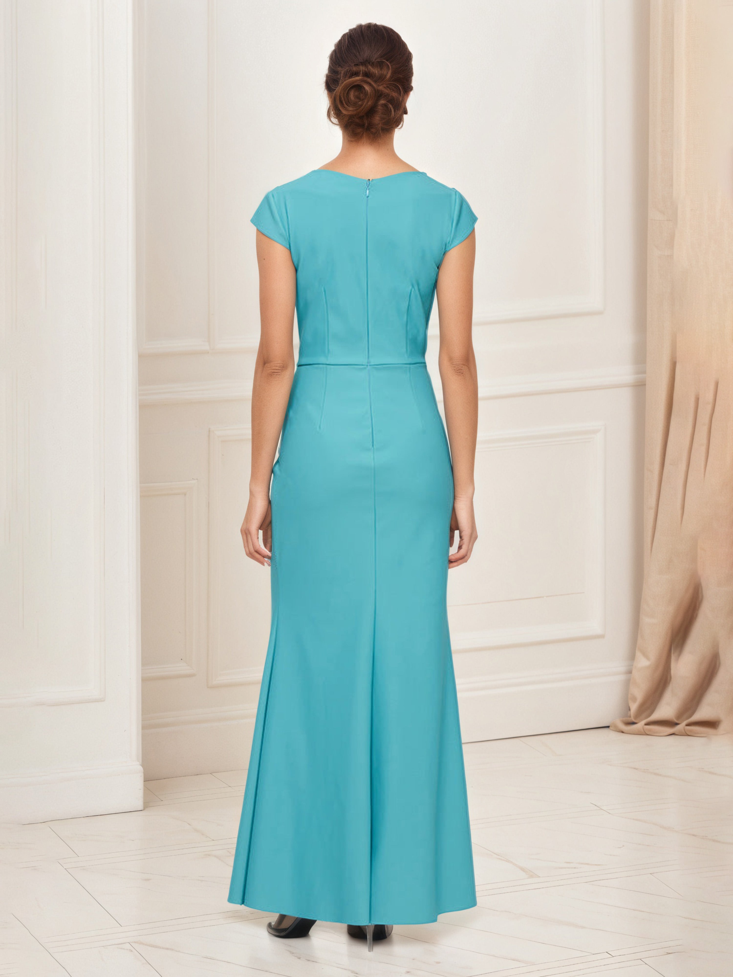 Cap Sleeves V-Neck Beaded Embellishment Waist Mother Of The Bride Dress Jade Green