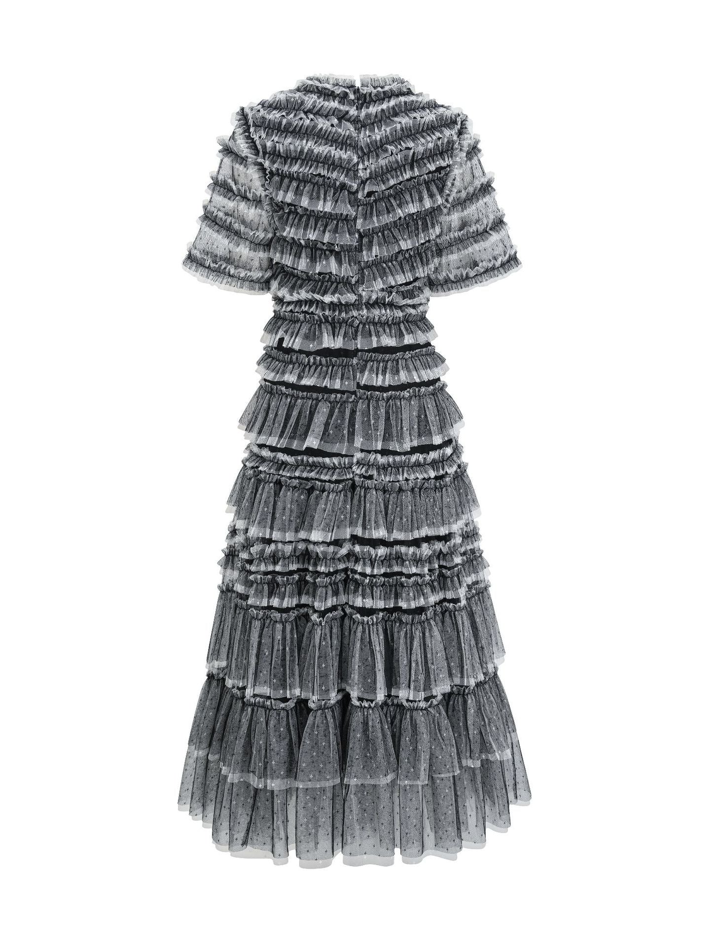 Chic Black Round Neck Short Sleeve Ruffled Tulle Maxi Prom Dress